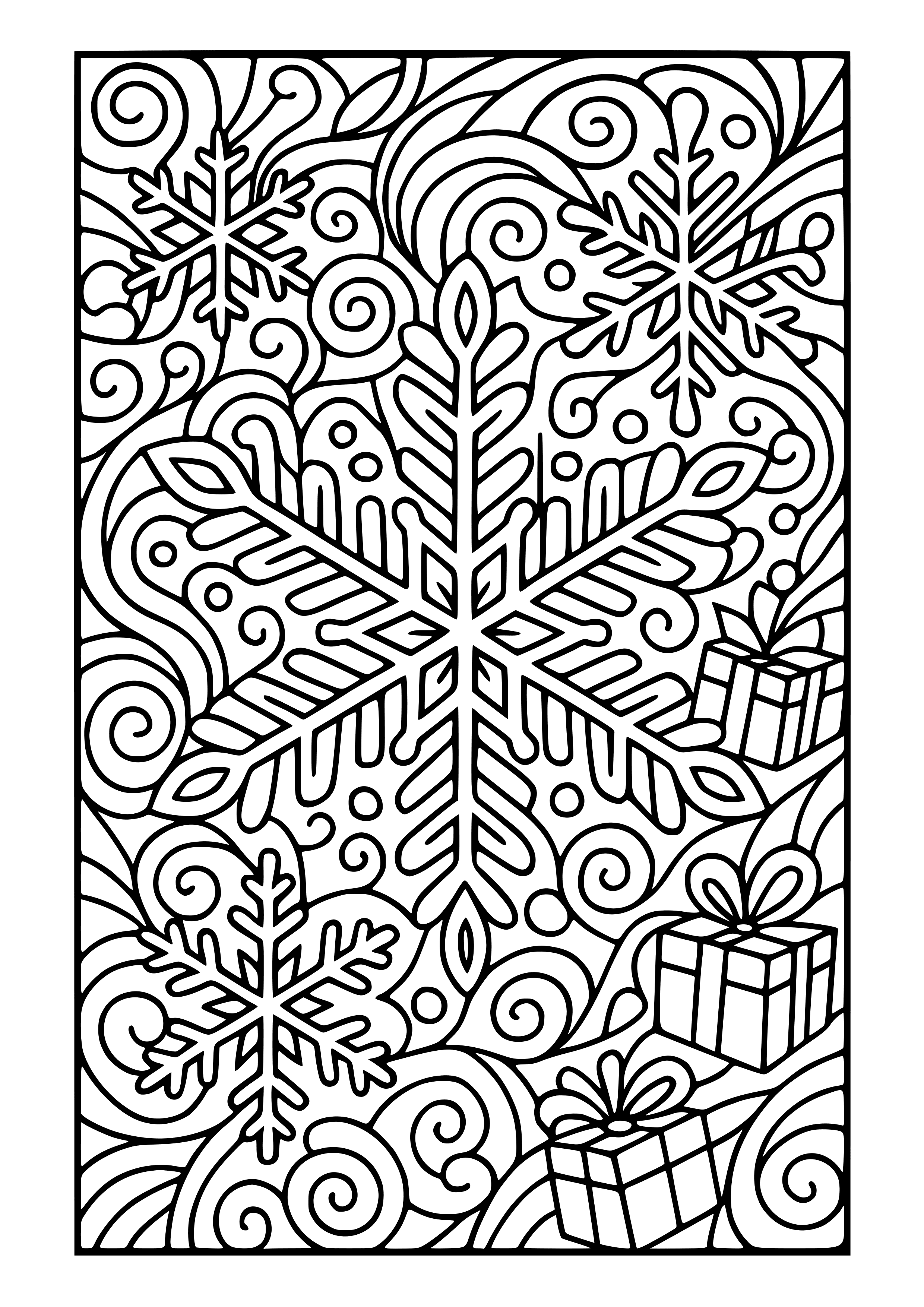 Abstract Holiday Scene with Snowflakes Coloring Page