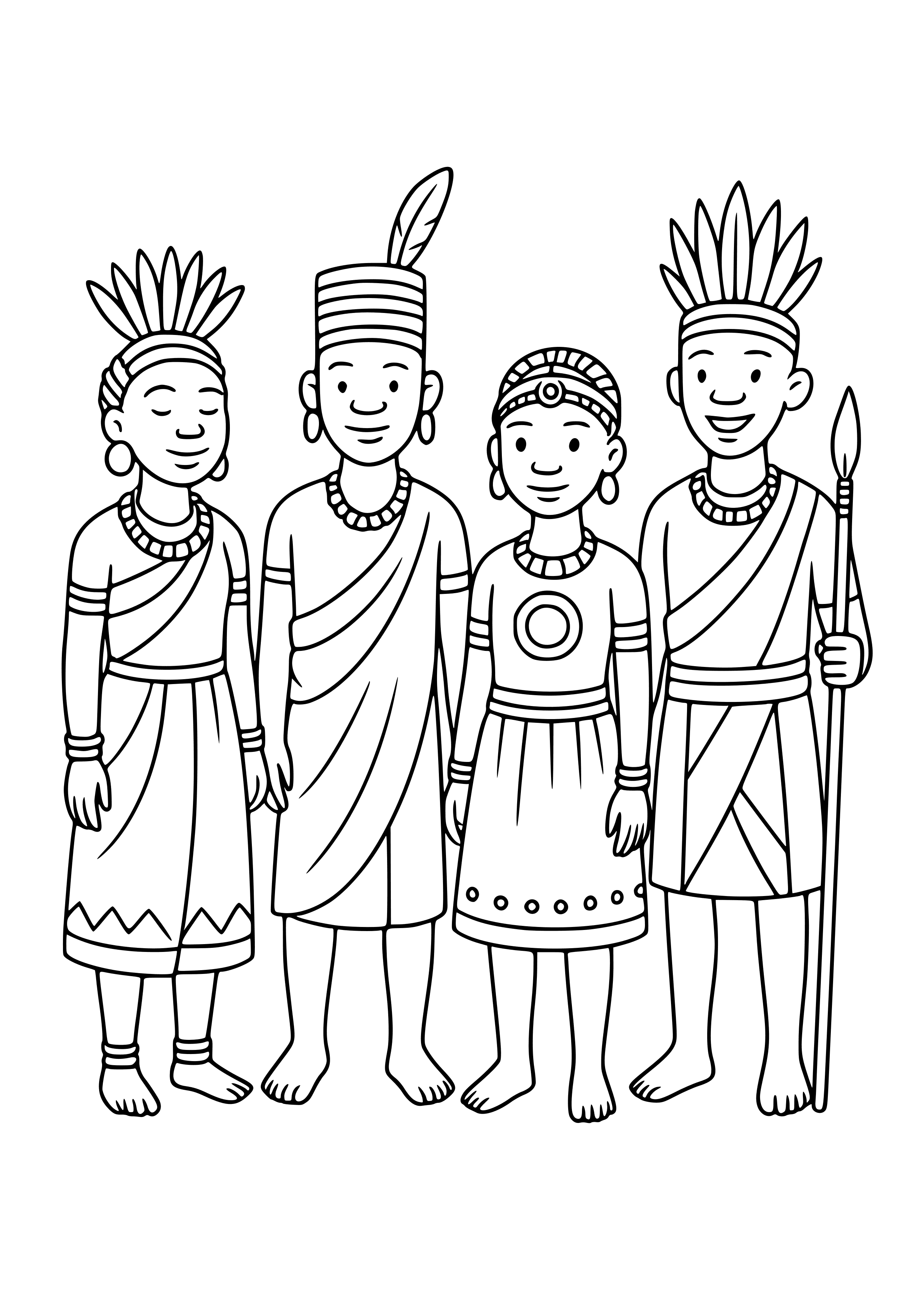 African Tribe Members in Traditional Dress Coloring Page