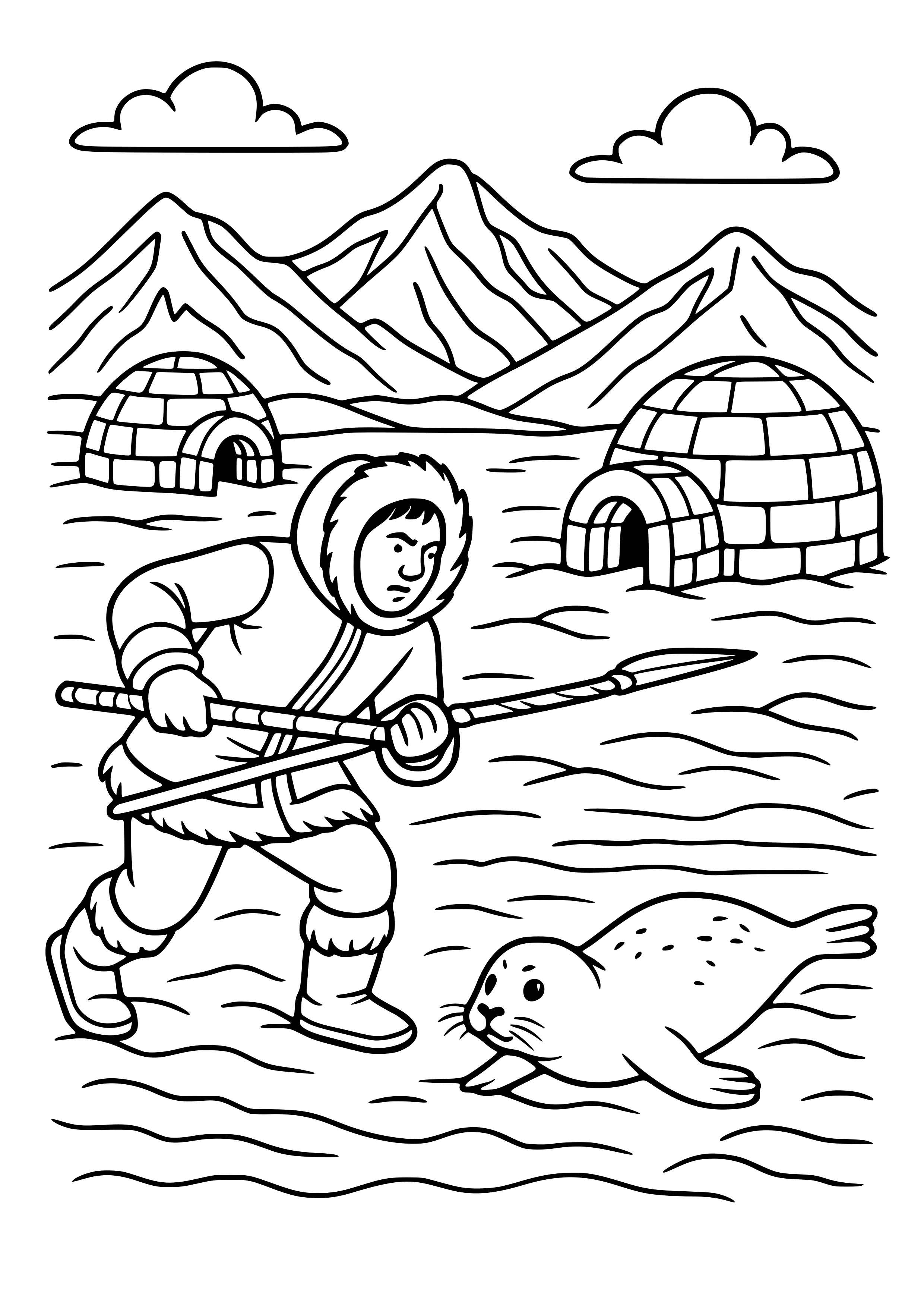 Alaskan Inuit Hunting Scene with Igloos Coloring Page