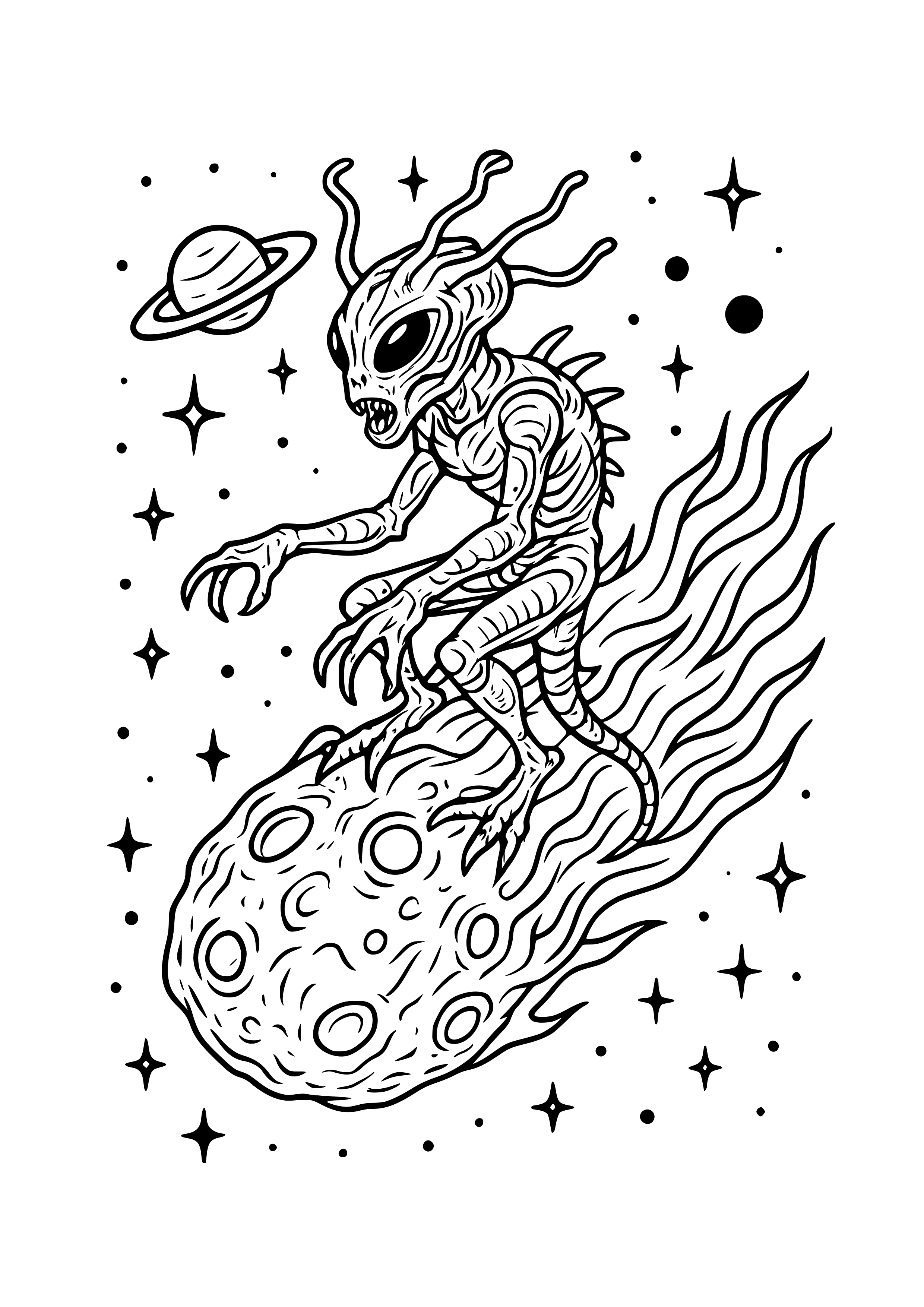 Alien Creature Riding a Comet Coloring Page