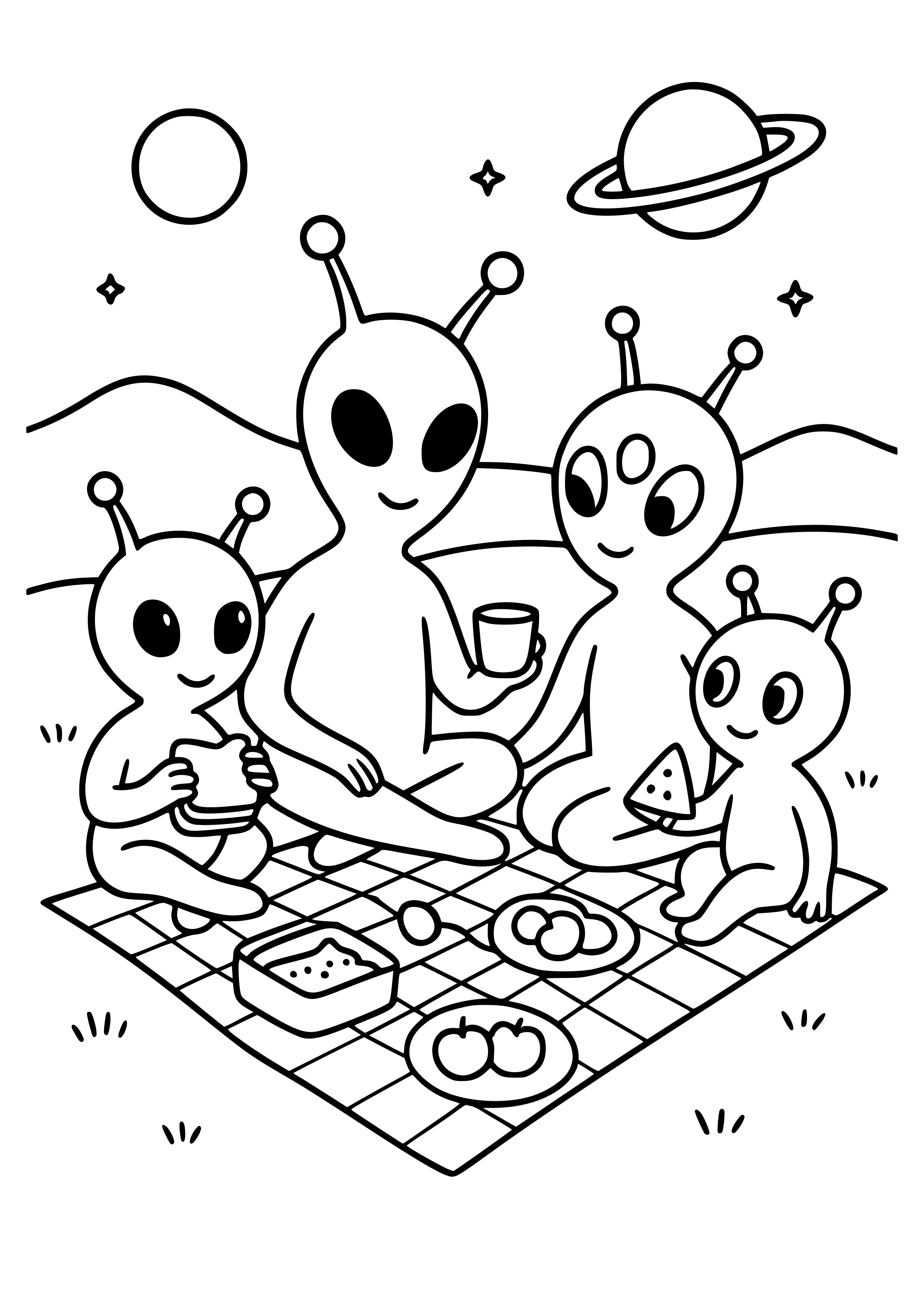 Alien Family Picnic on a Planet Coloring Page