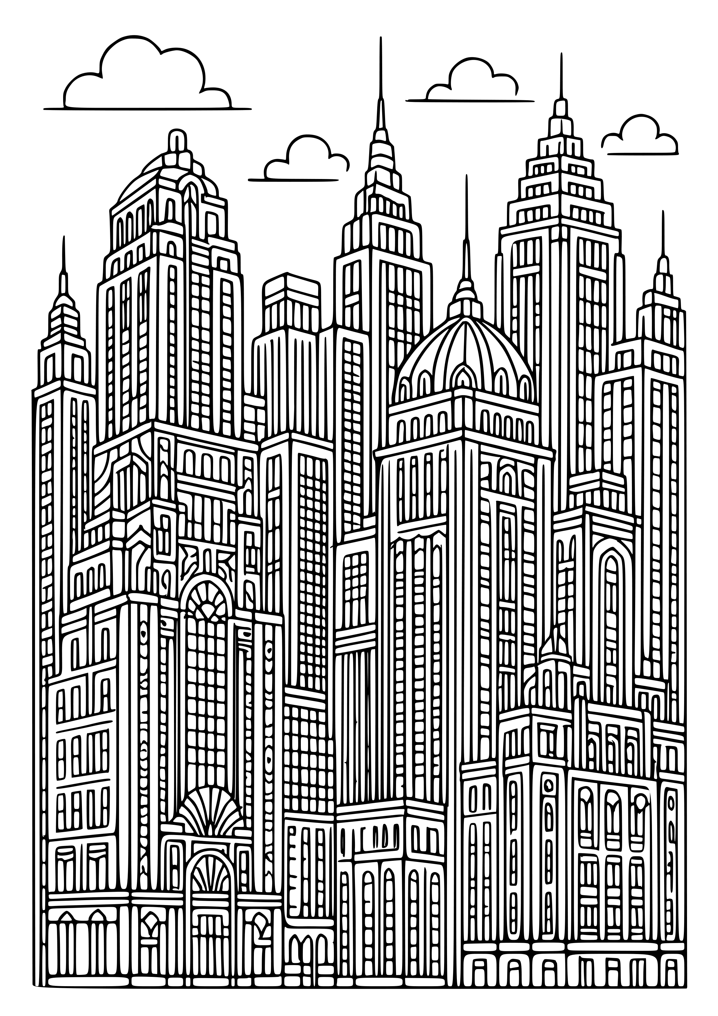 Art Deco City with Ornate Buildings Coloring Page