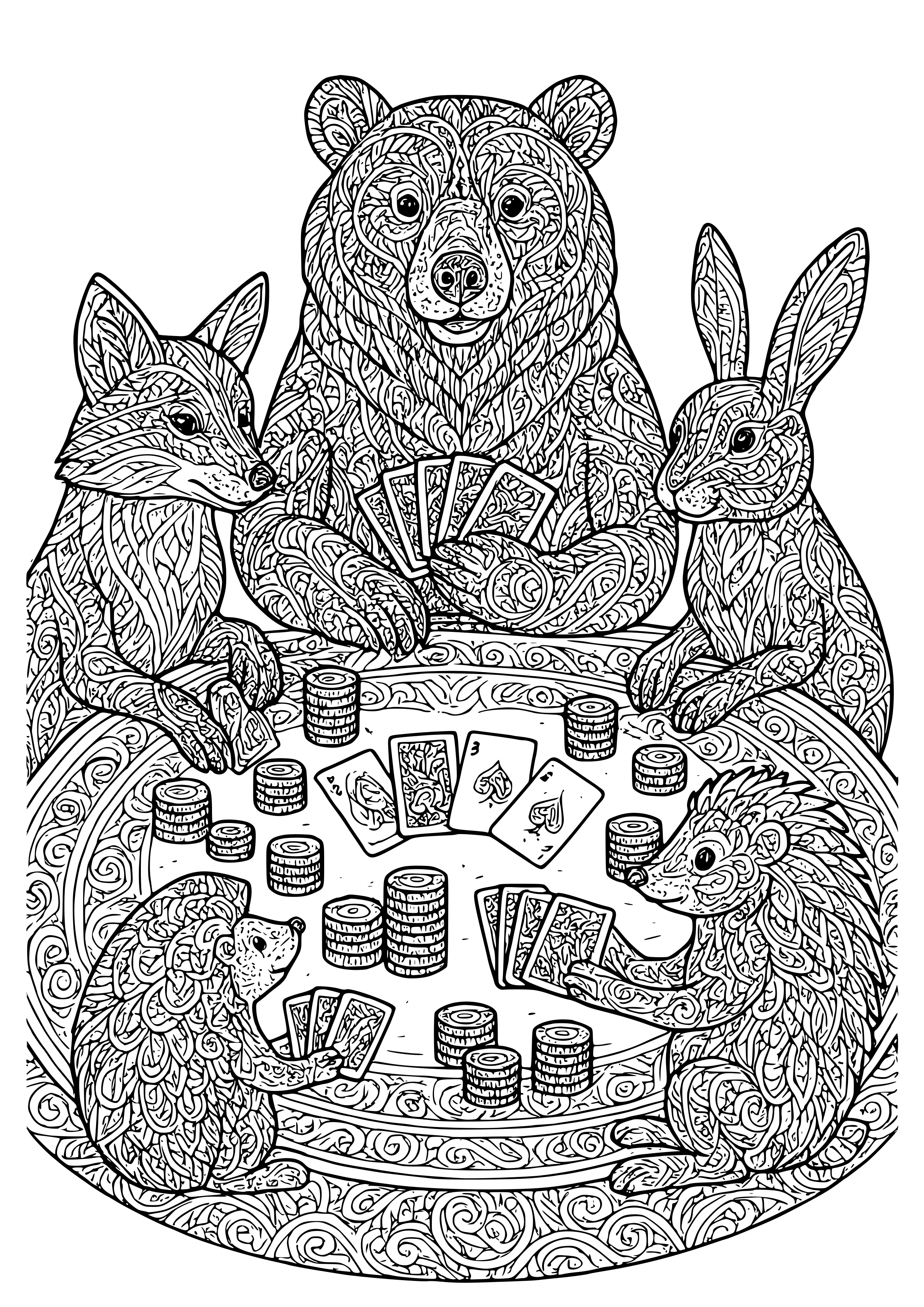 Bear Playing Poker with Other Woodland Creatures Coloring Page