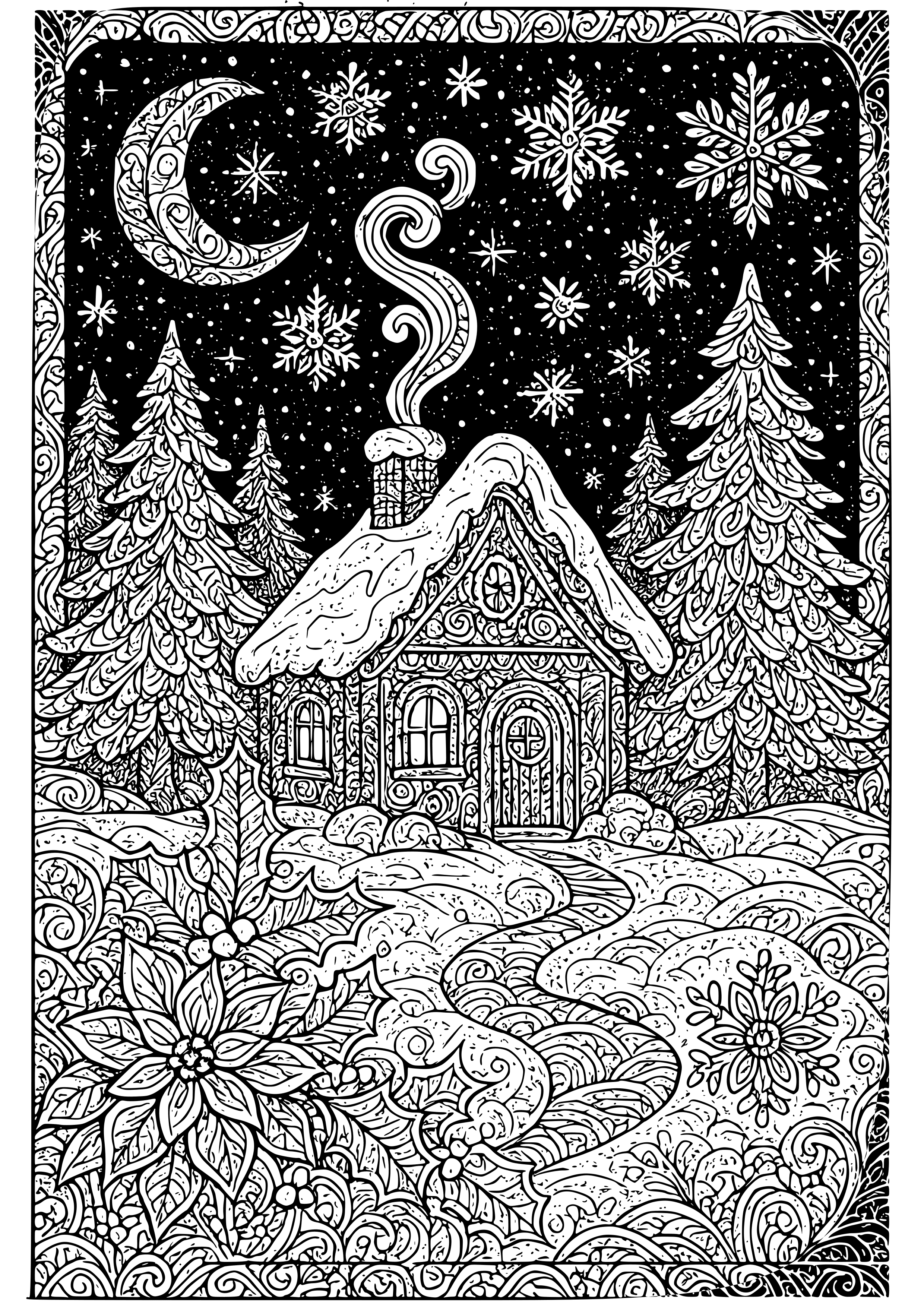 Beautifully Detailed Winter Night Scene Coloring Page