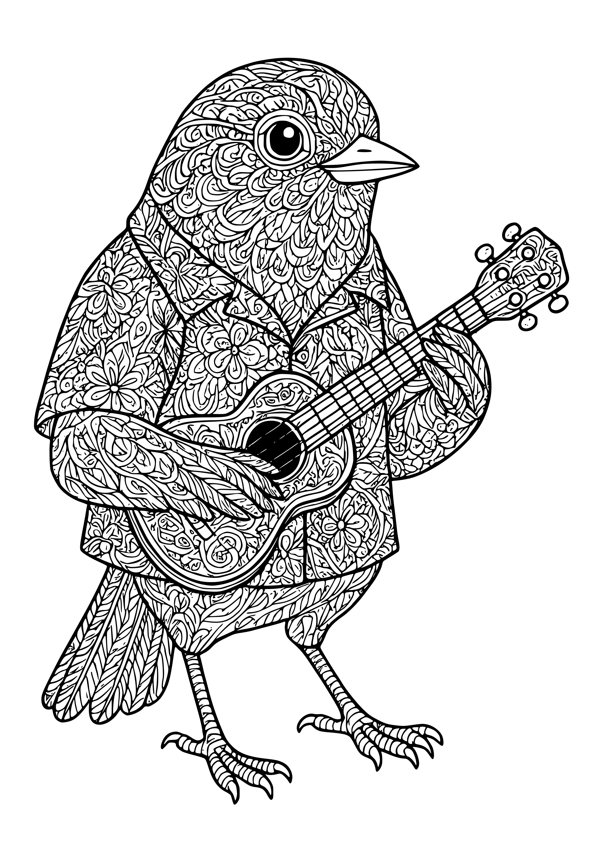 Bird Wearing a Hawaiian Shirt Playing a Ukulele Coloring Page