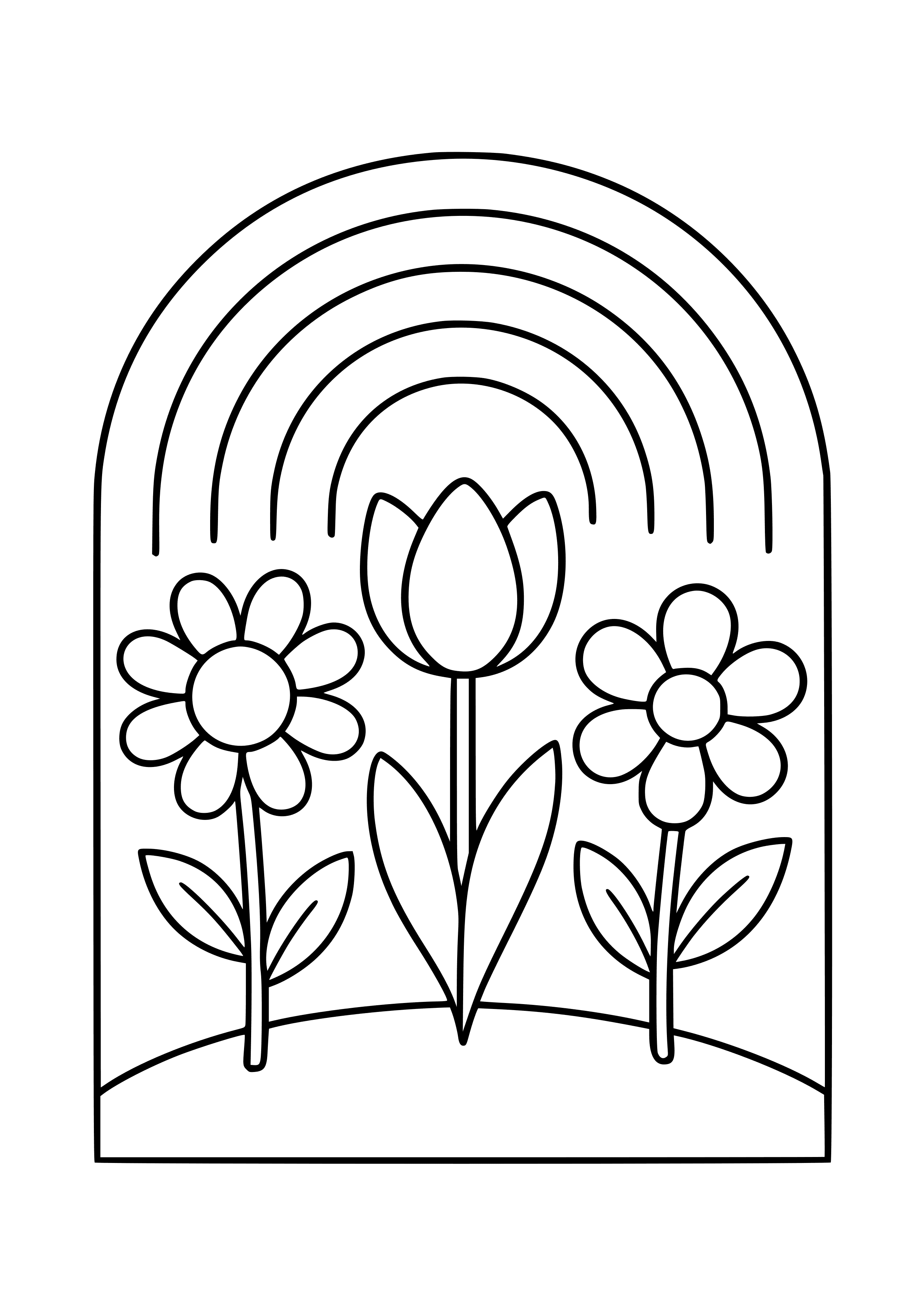 Blooming Flowers with a Rainbow Background Coloring Page