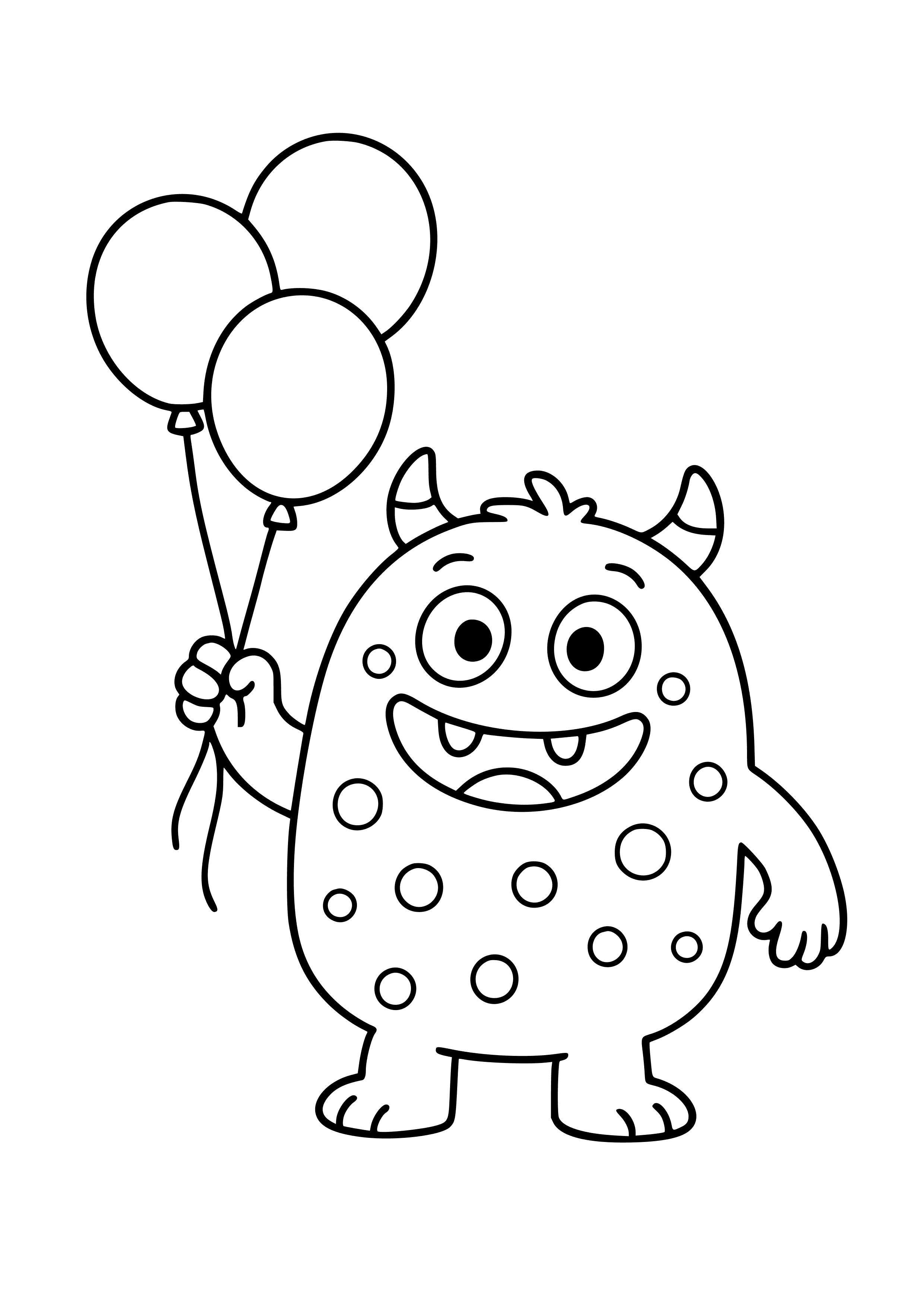Bubbly Blue Monster with Balloons Coloring Page
