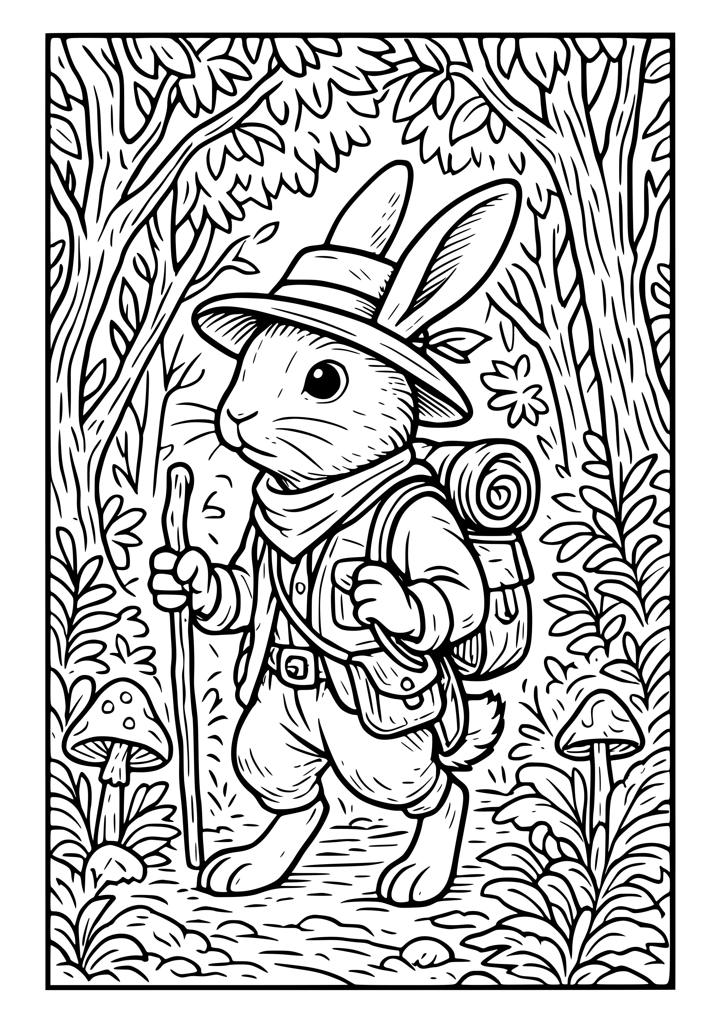 Bunny Adventurer Exploring a Forest Coloring Page