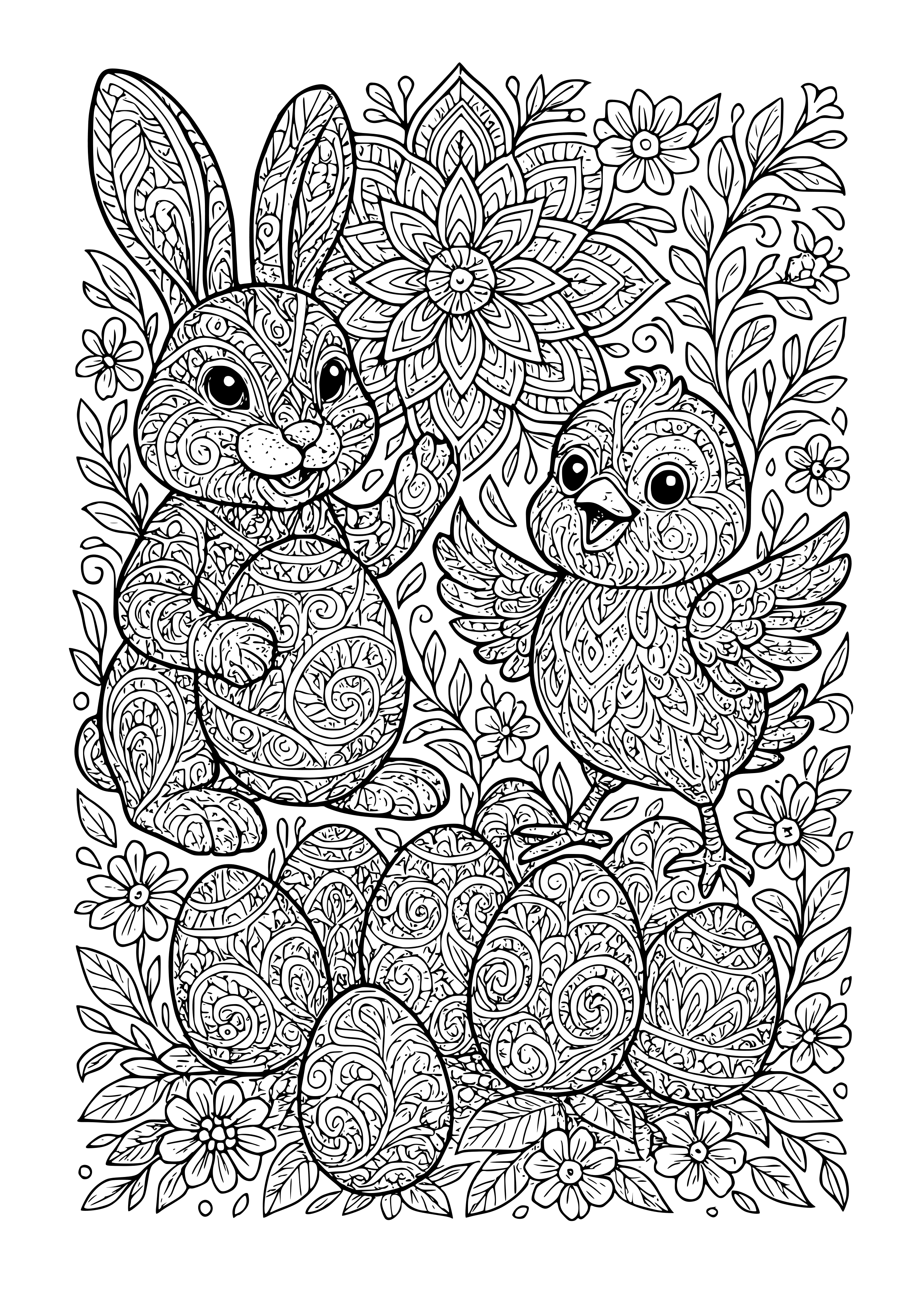 Bunny and Chick Celebrating Easter Coloring Page