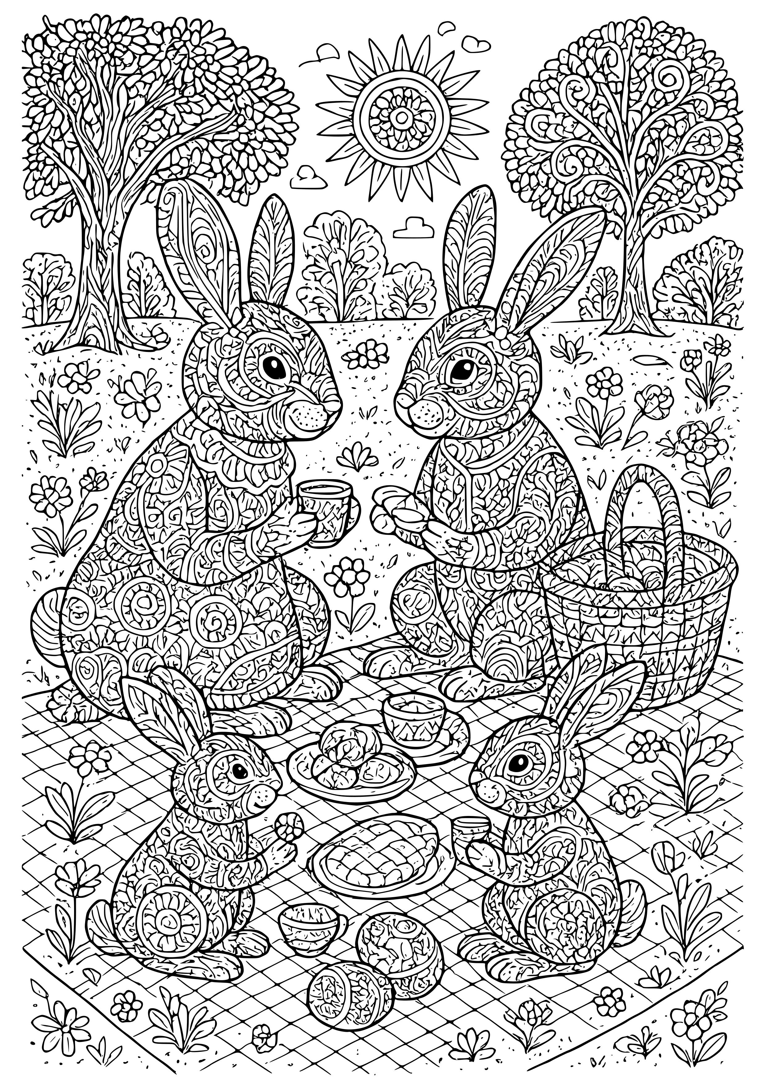 Bunny Family Picnic in the Park Coloring Page