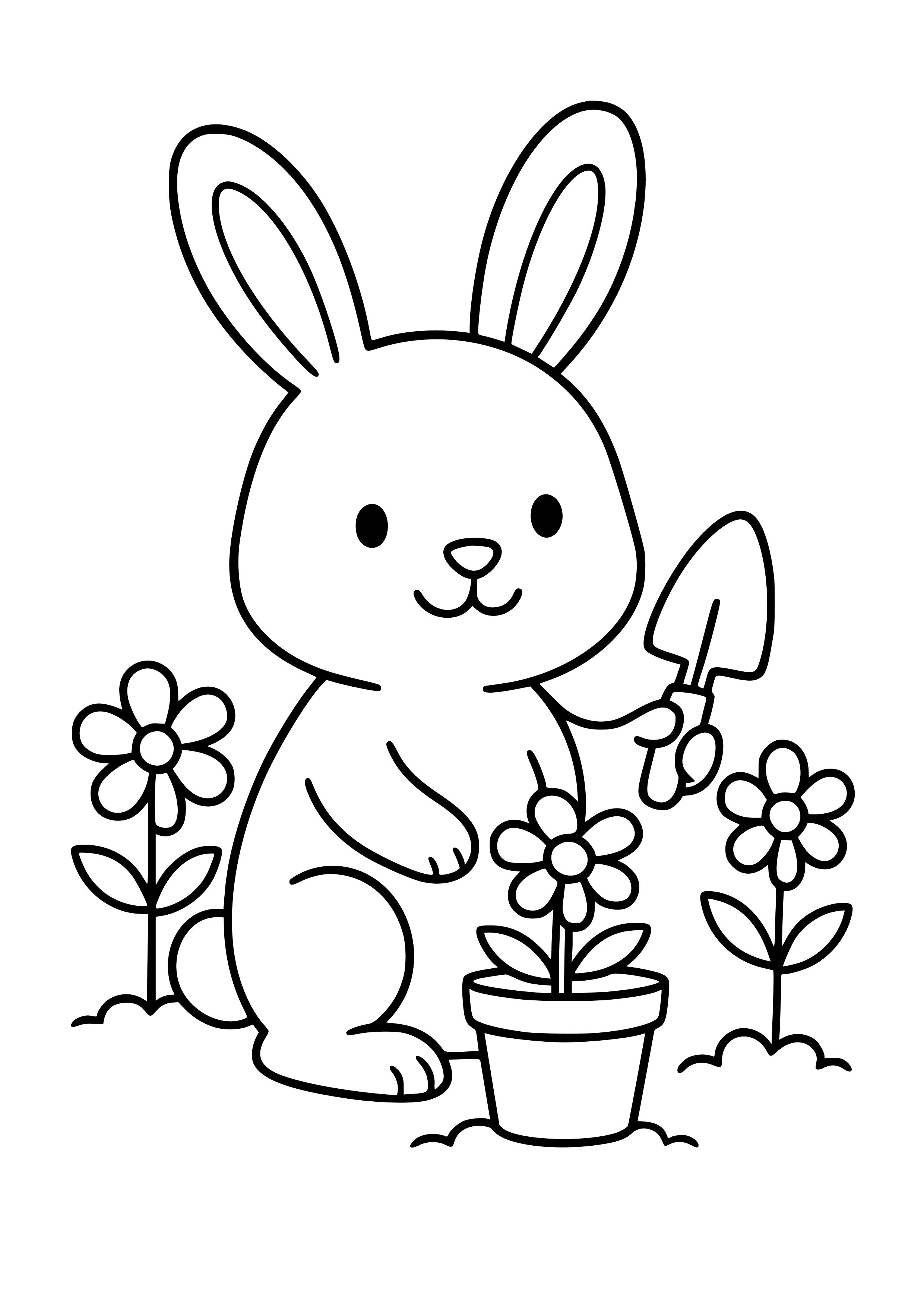 Bunny Gardening with Flowers Coloring Page