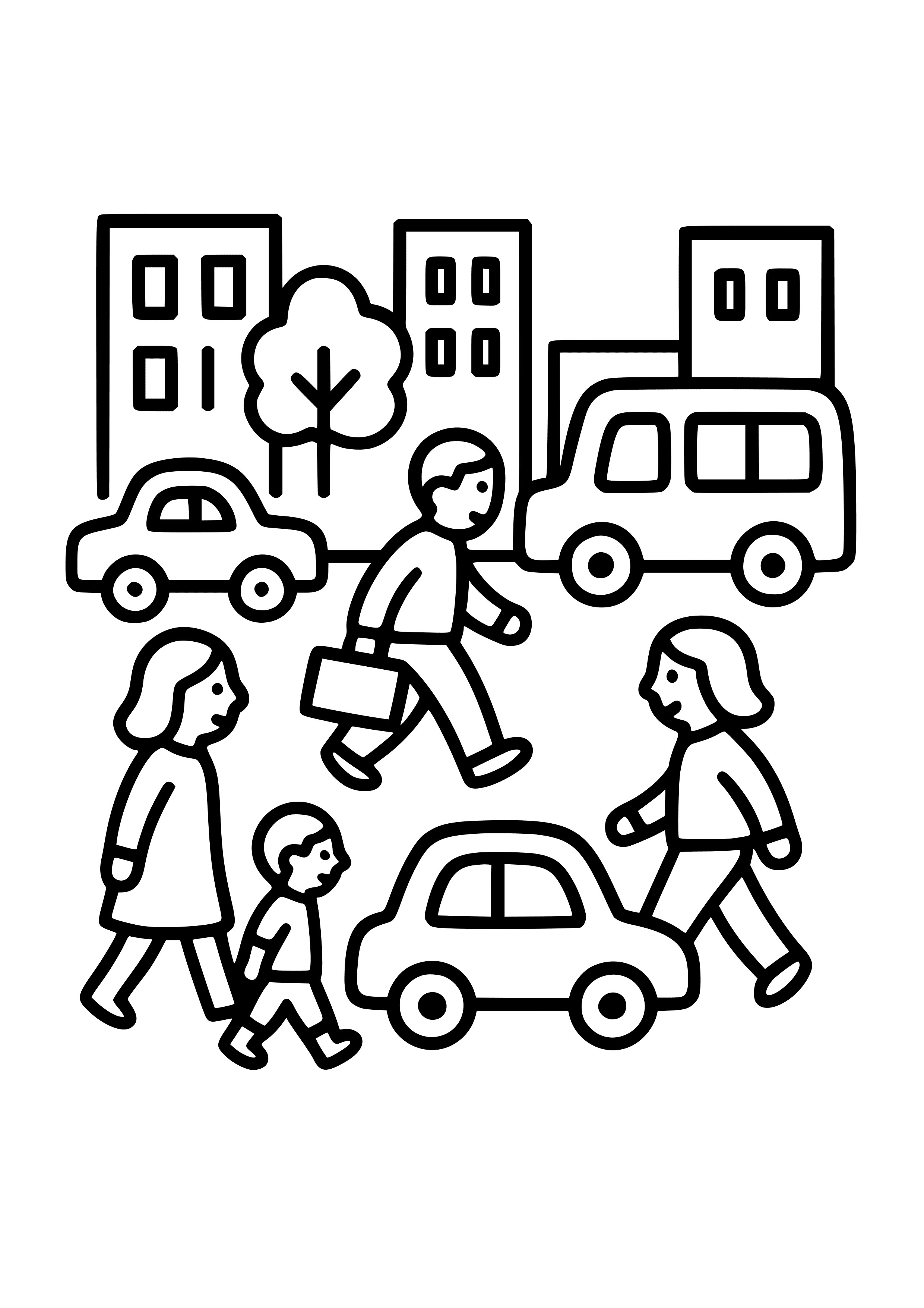 Busy Street with Cars and People Coloring Page