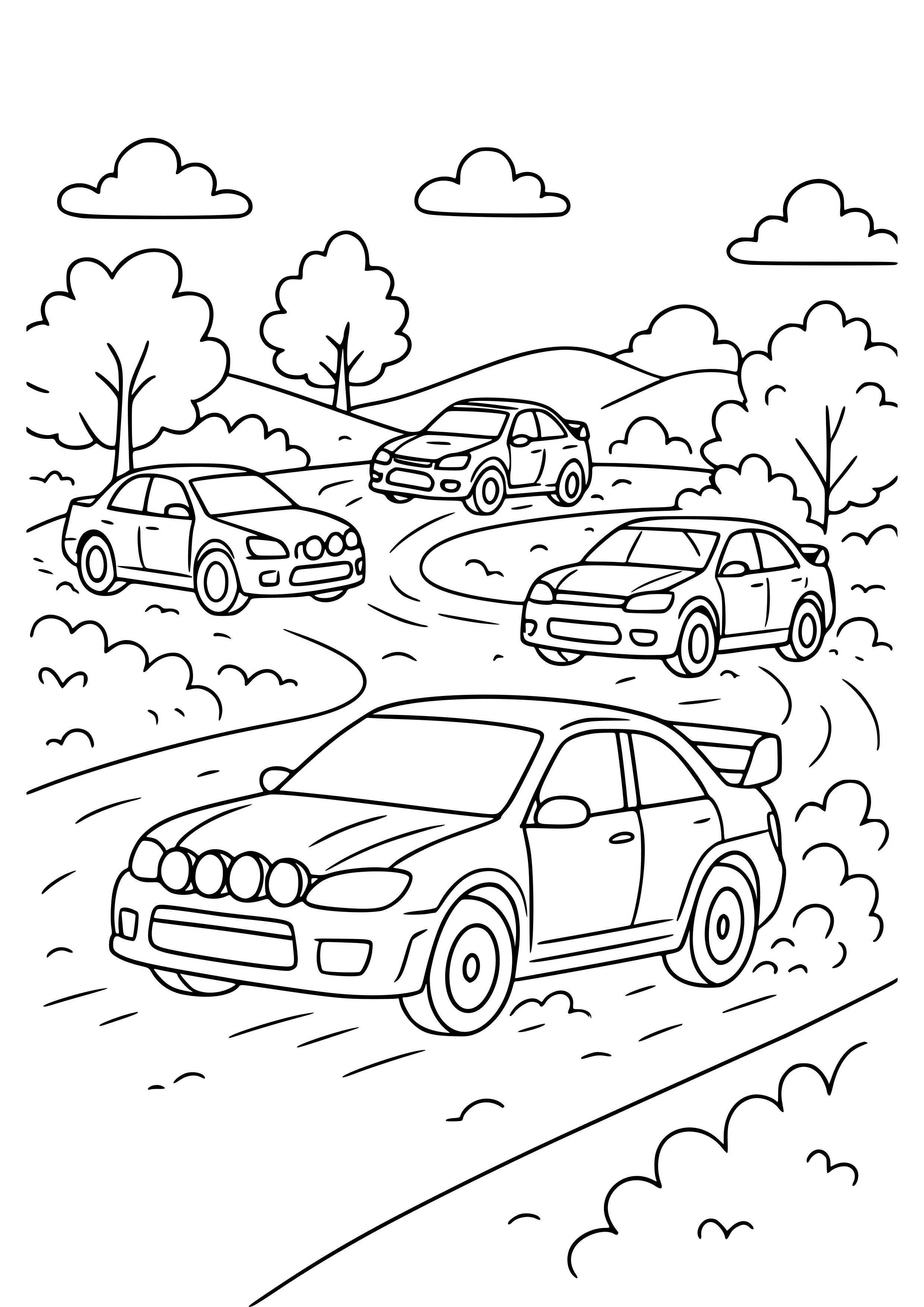 Car Rally with Multiple Vehicles Coloring Page
