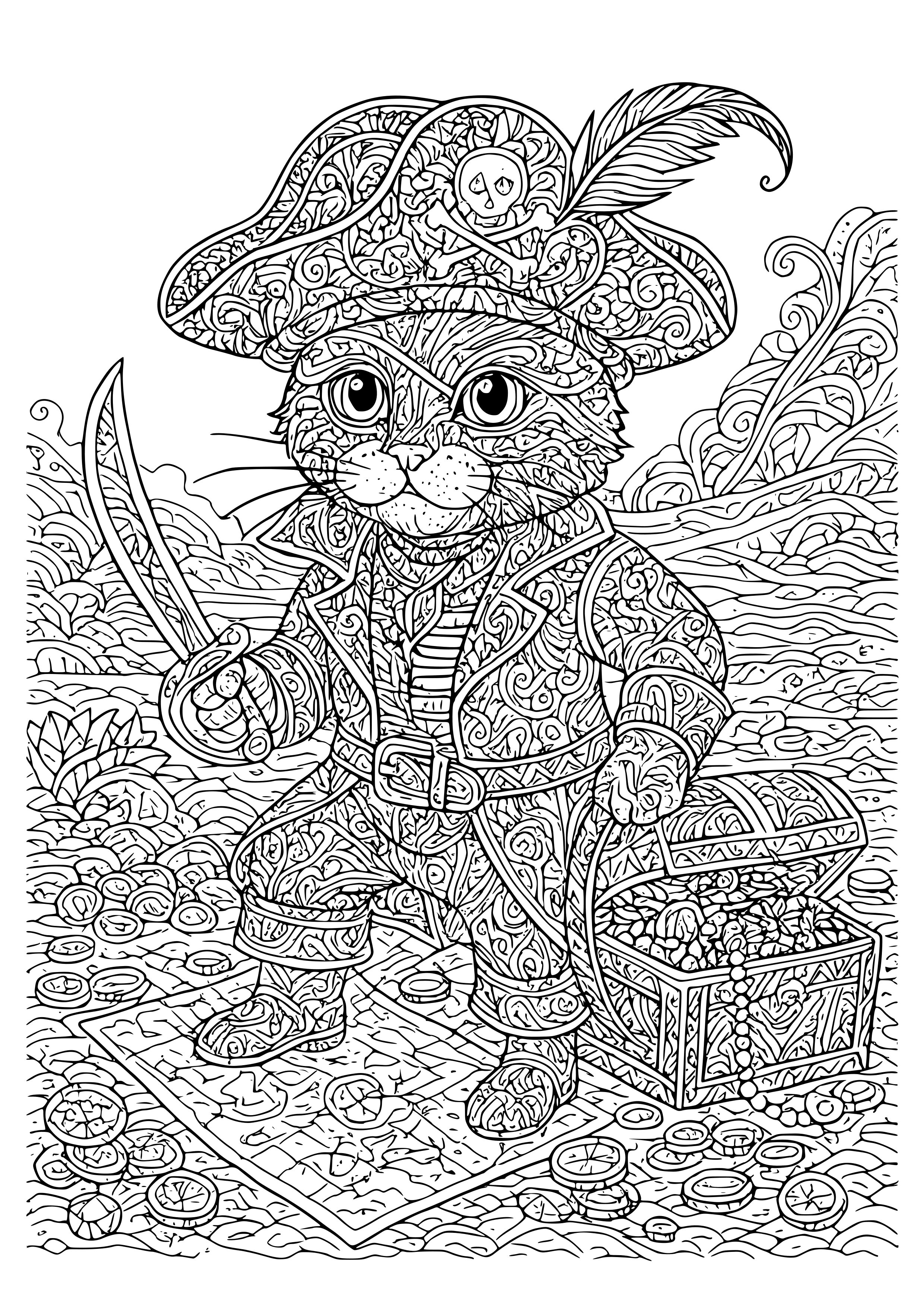 Cat Dressed as a Pirate on a Treasure Hunt Coloring Page