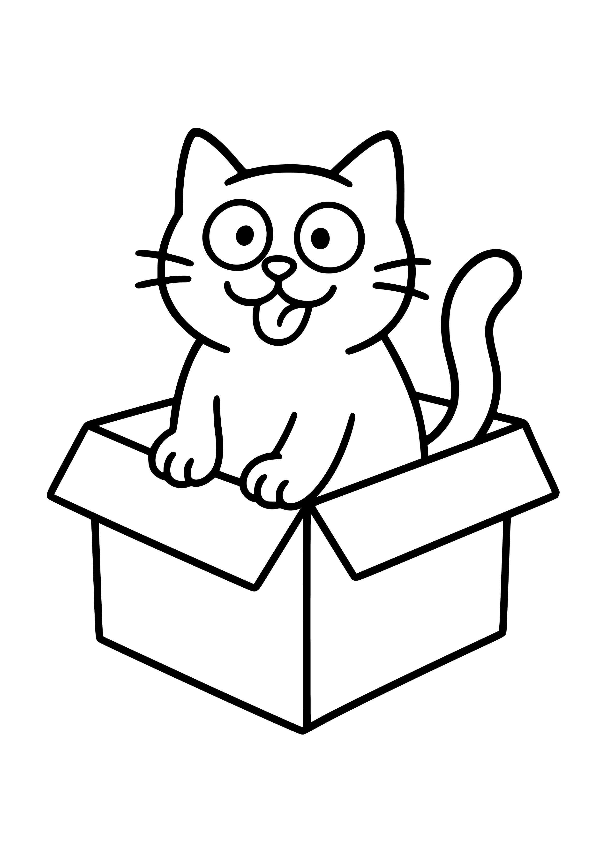 Cat in a Cardboard Box with a Funny Face Coloring Page