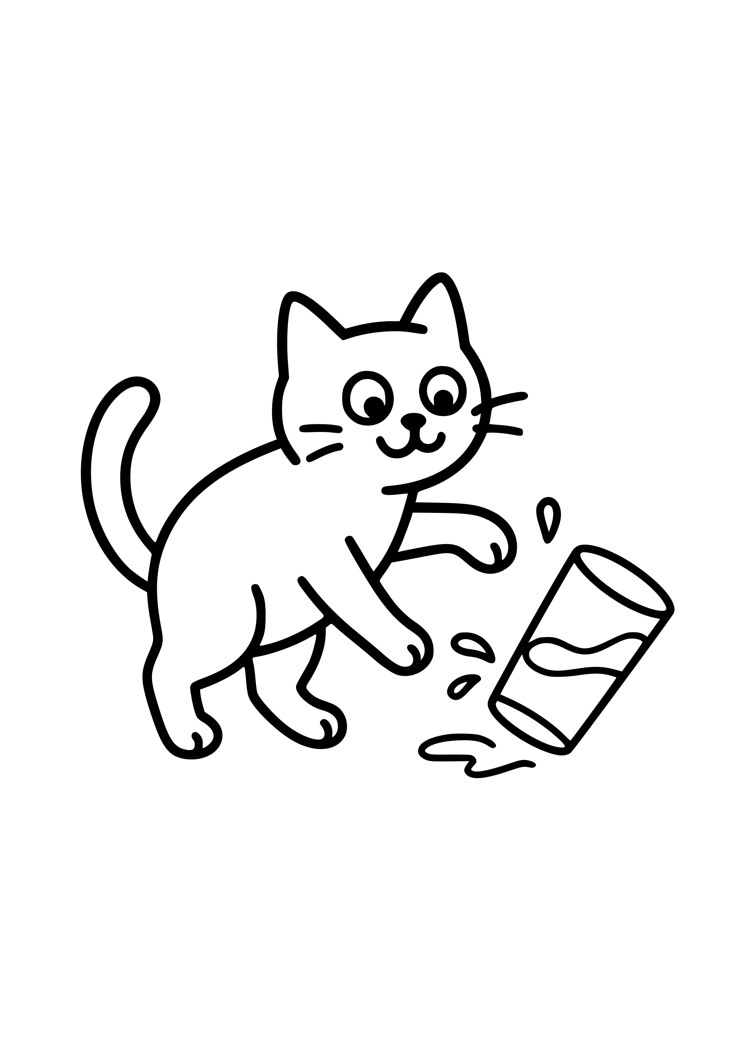 Cat Knocking Over a Glass of Water Coloring Page