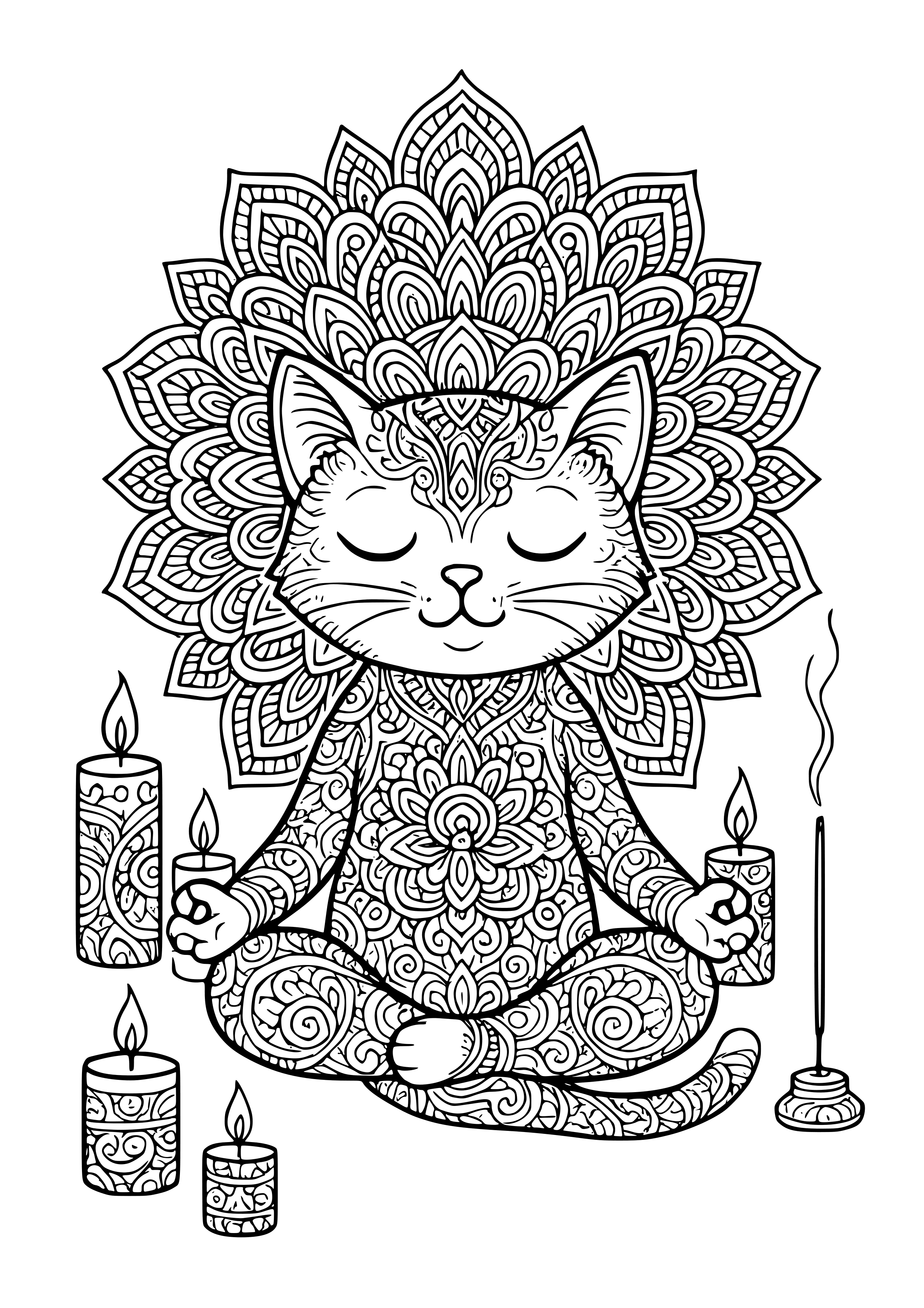 Cat Meditating Surrounded by Candles and Incense Coloring Page