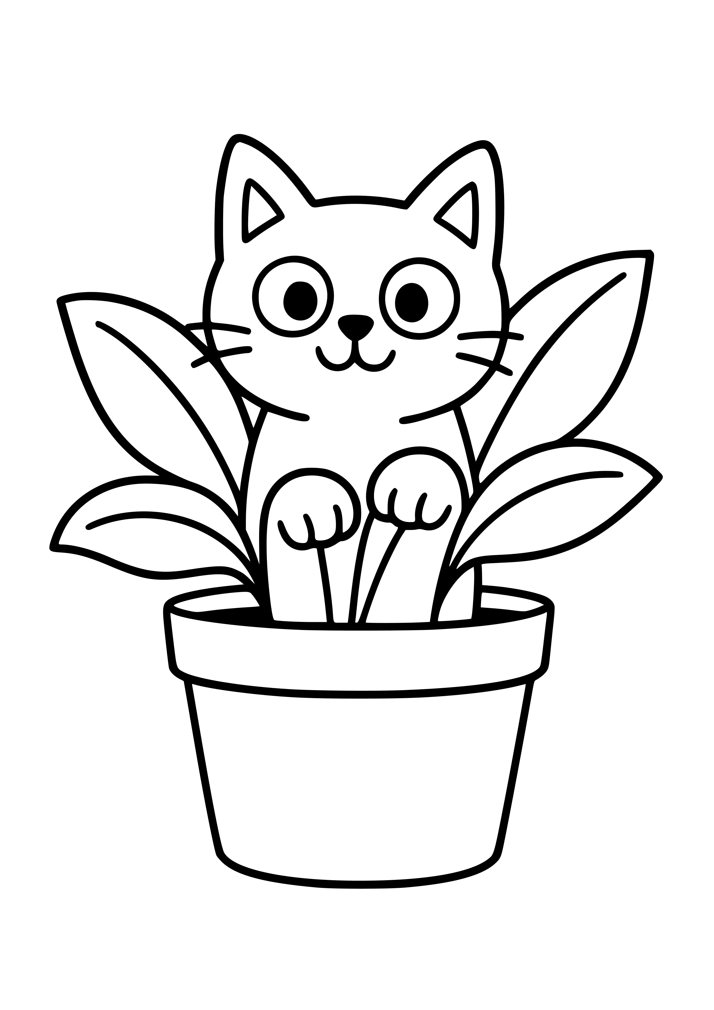 Cat Peeking Out From a Potted Plant Coloring Page