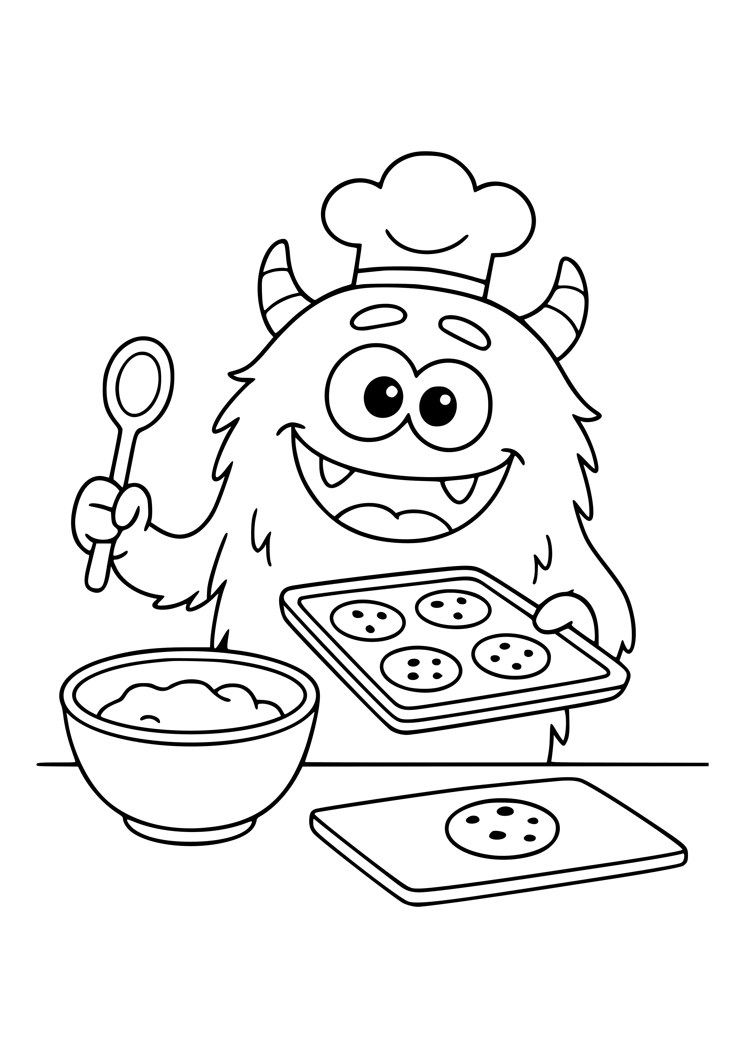 Cheerful Orange Monster Baking Cookies Coloring Page