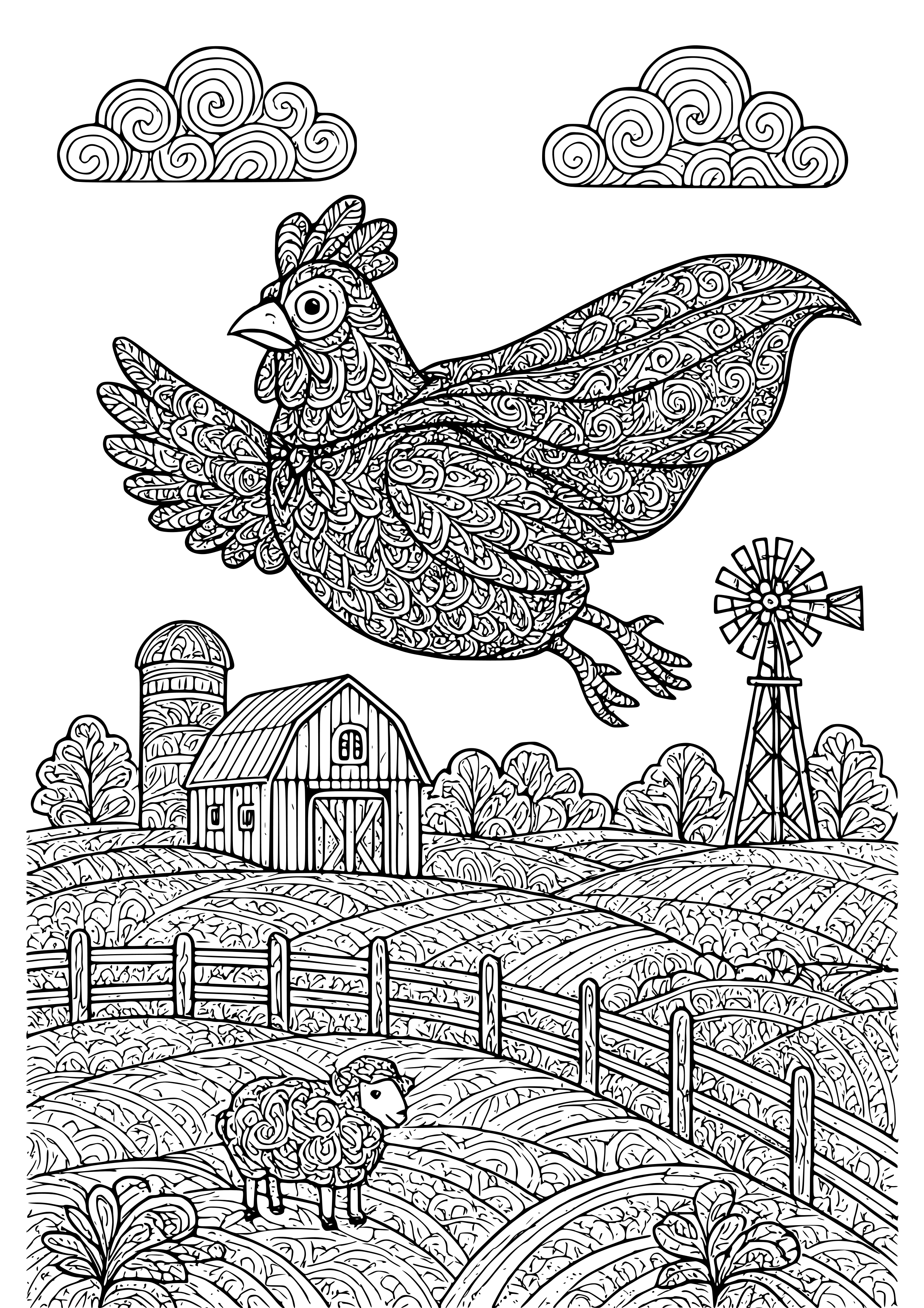Chicken Wearing a Superhero Cape Flying Over a Farm Coloring Page