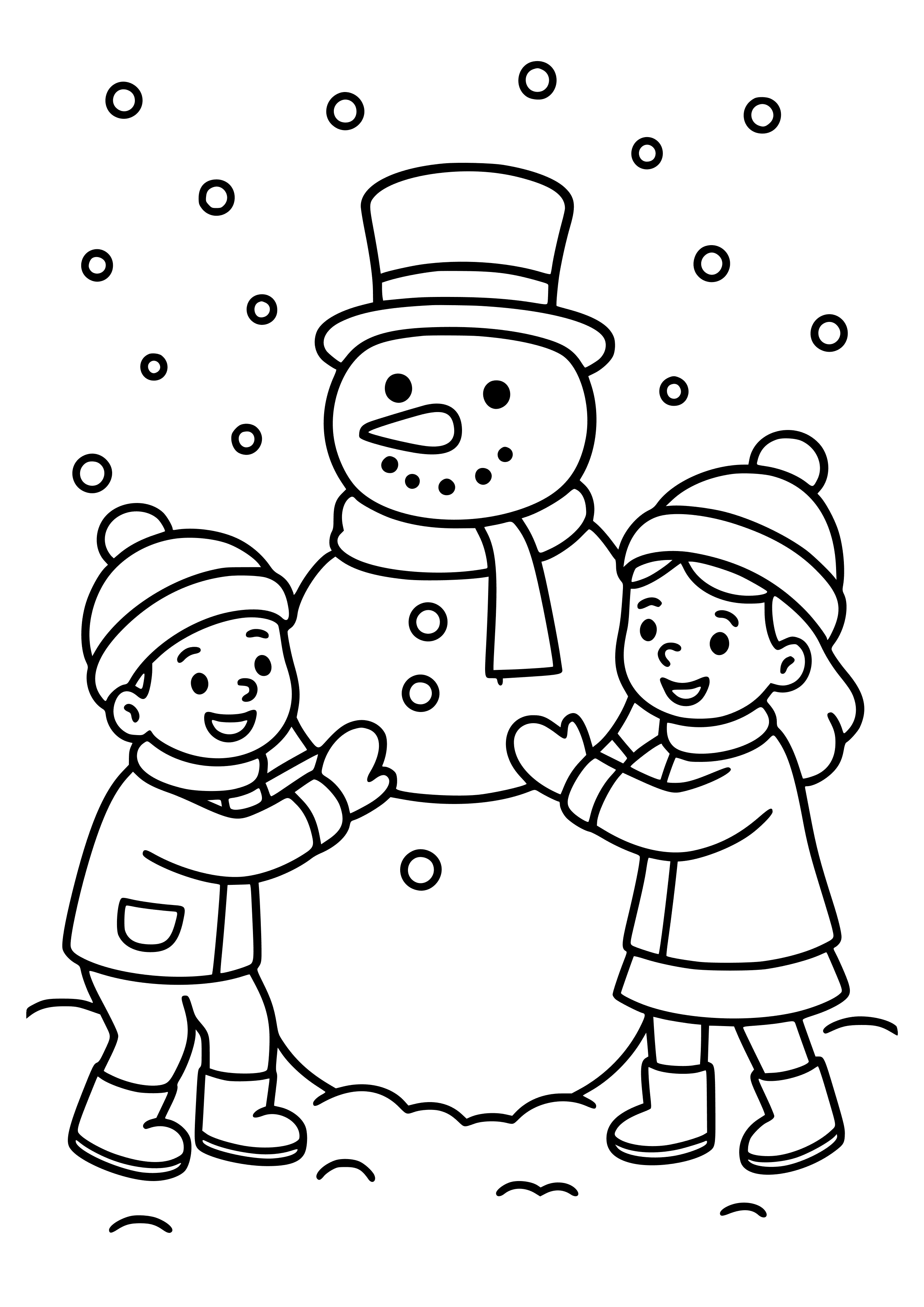 Children Building a Snowman Coloring Page
