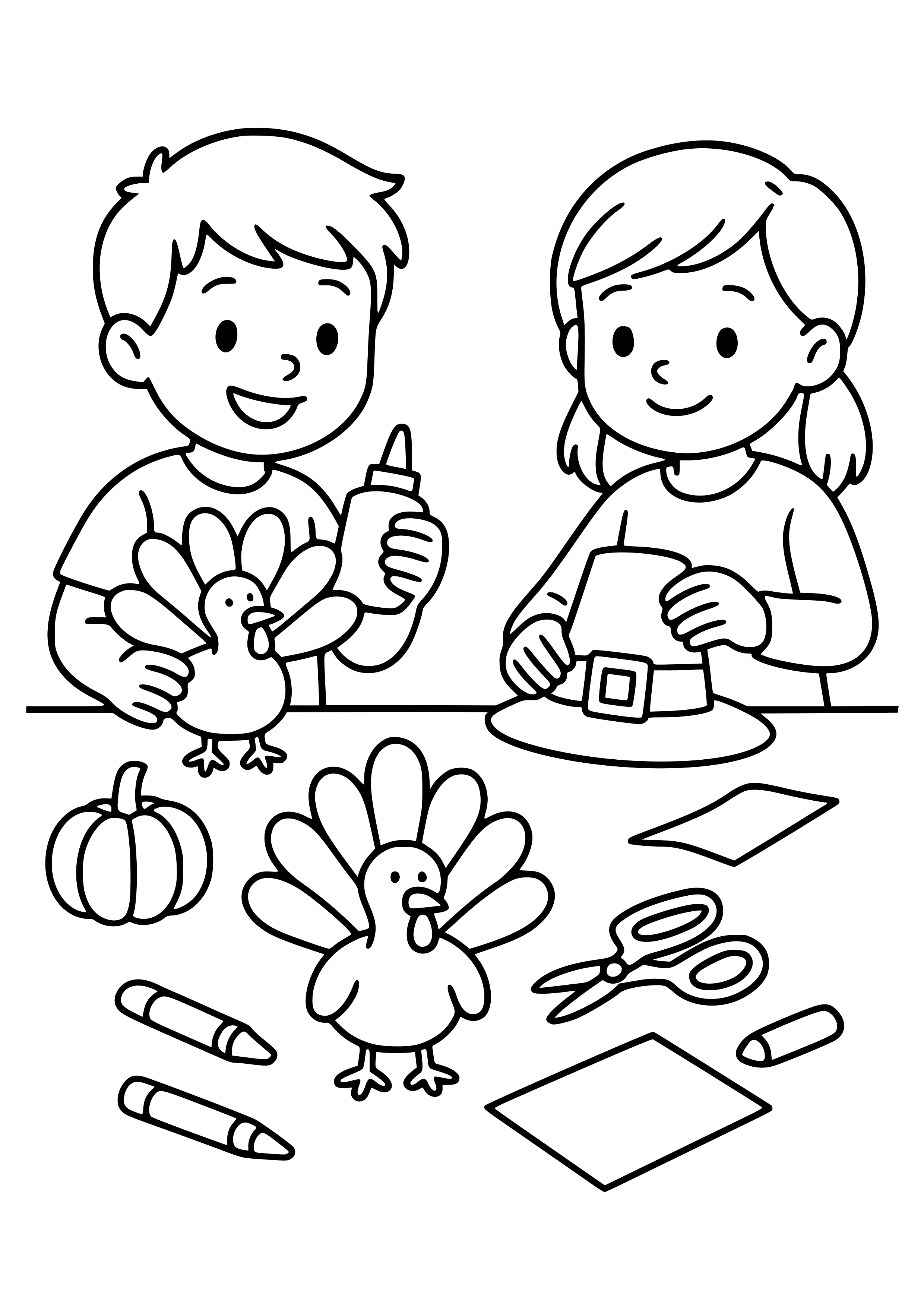 Children Making Thanksgiving Crafts Coloring Page