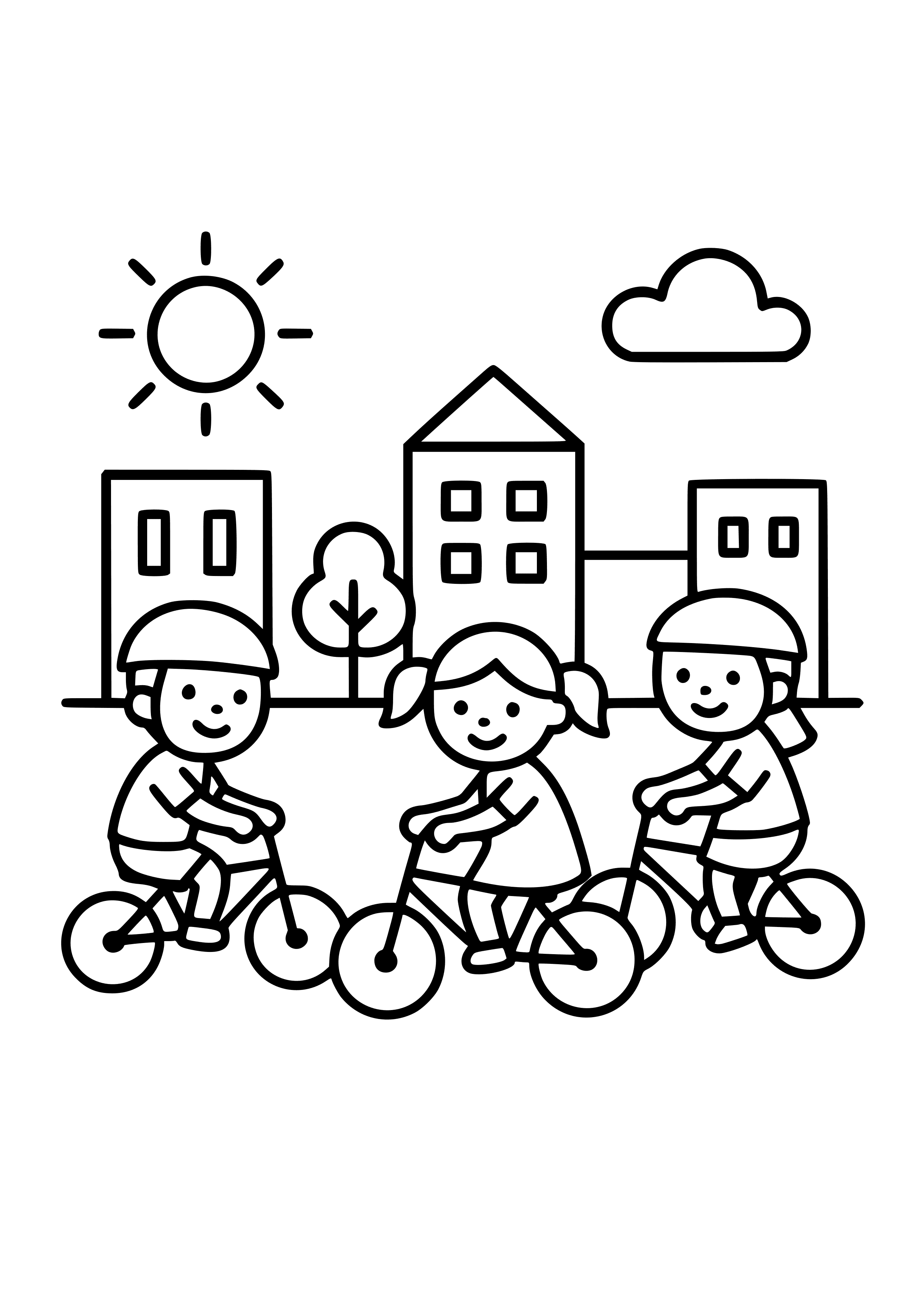 Children Riding Bikes in the City Coloring Page