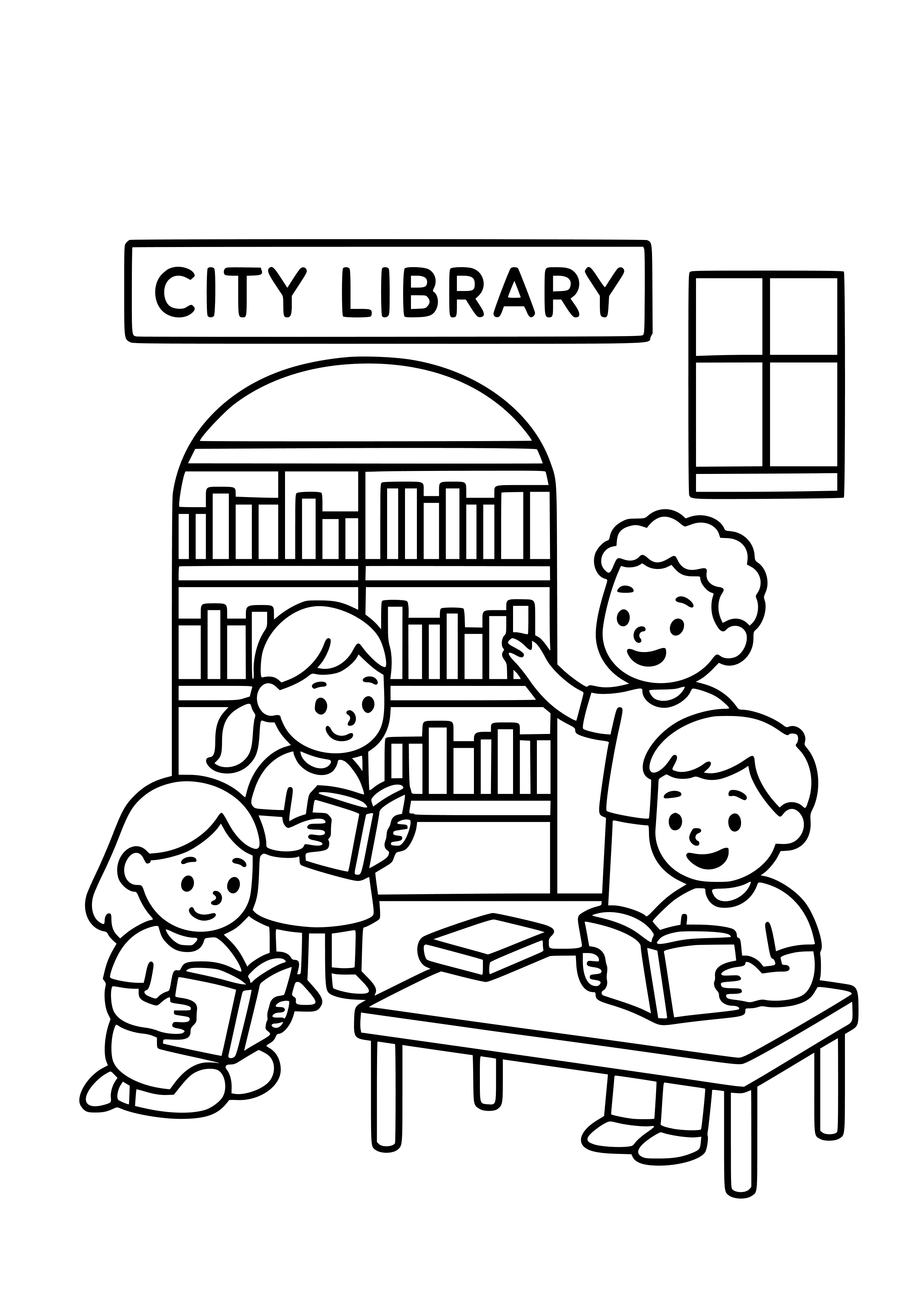 City Library with Books and Students Coloring Page