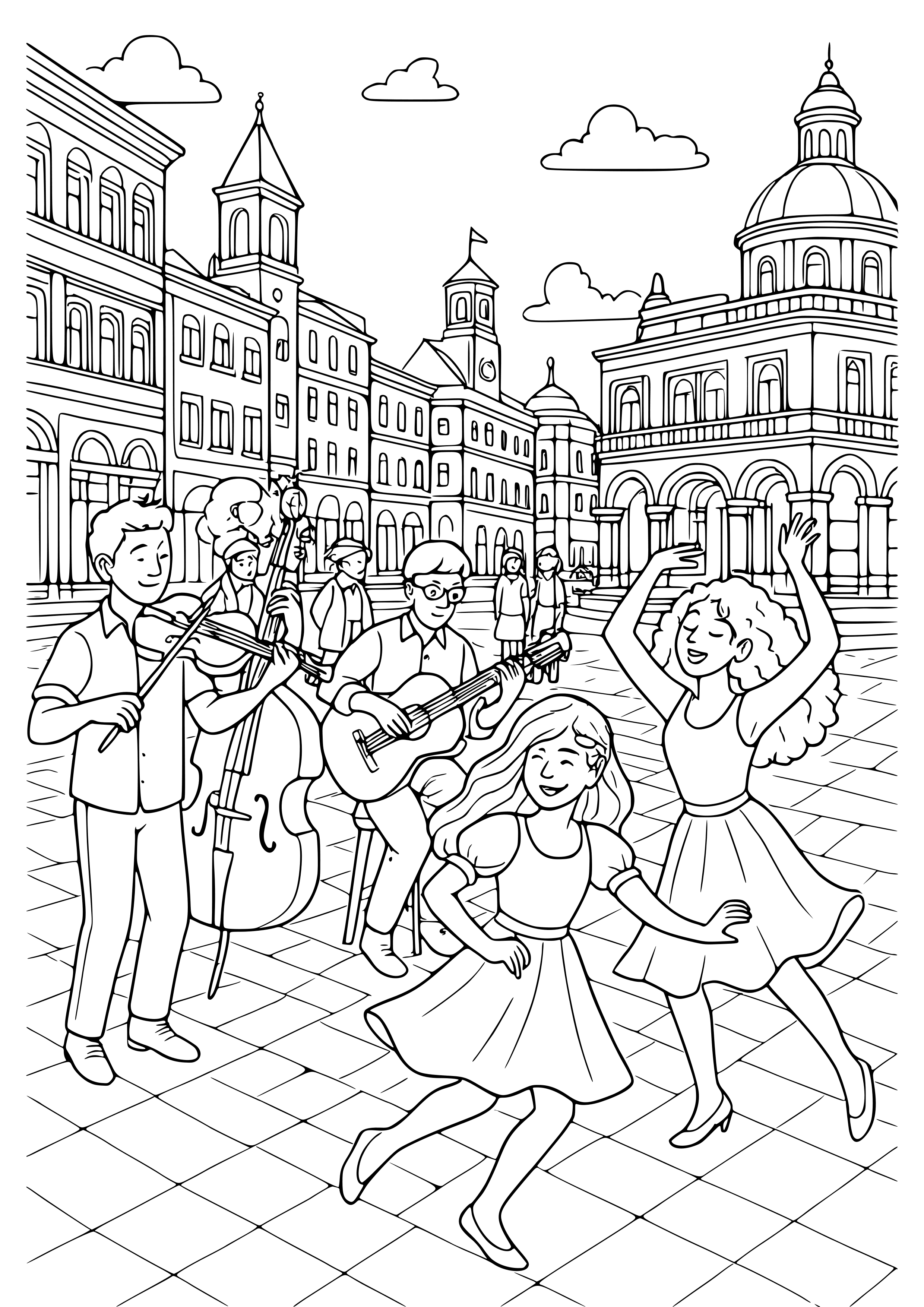 City Plaza with Musicians and Dancers Coloring Page
