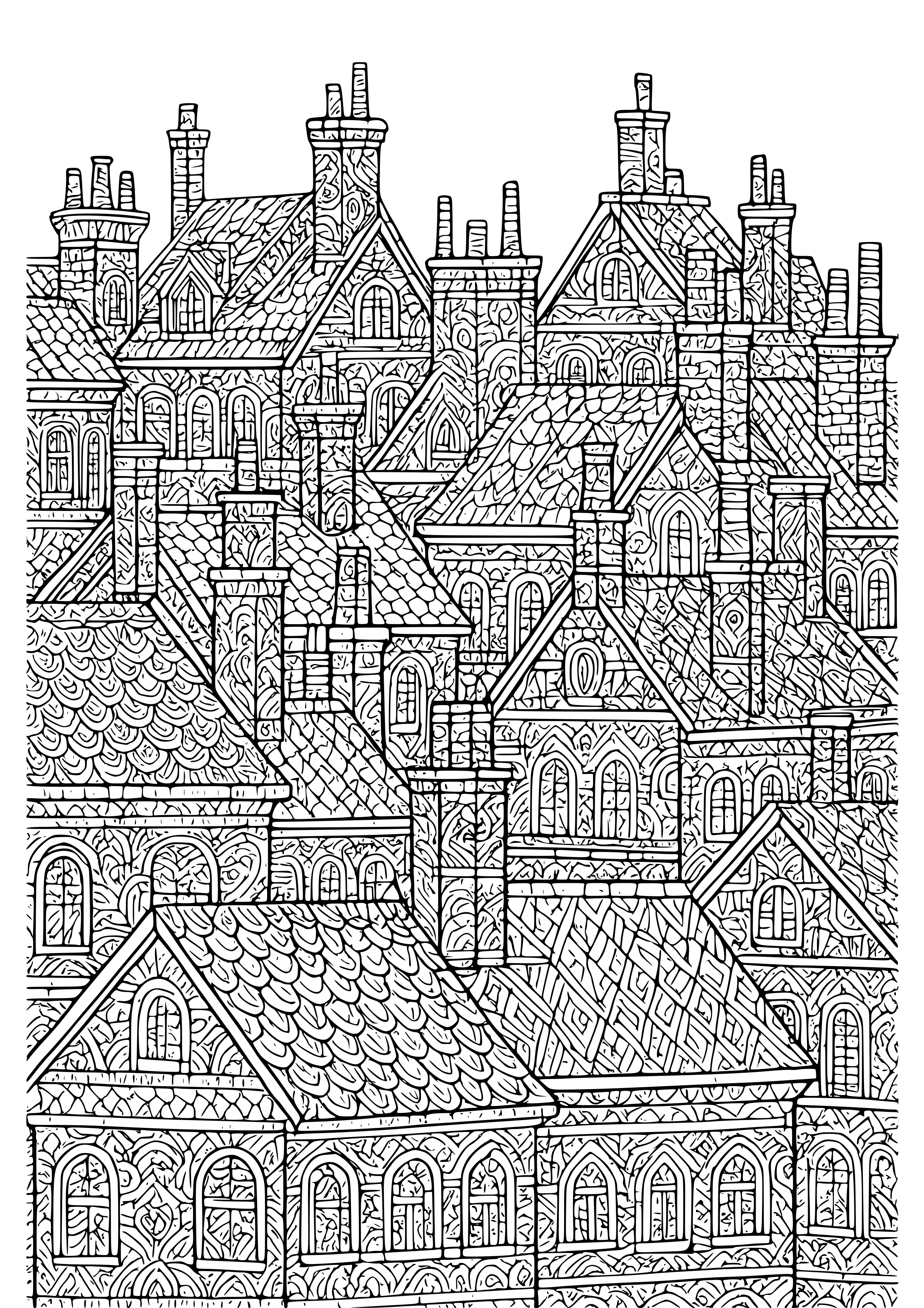 City Rooftops with Chimneys Coloring Page