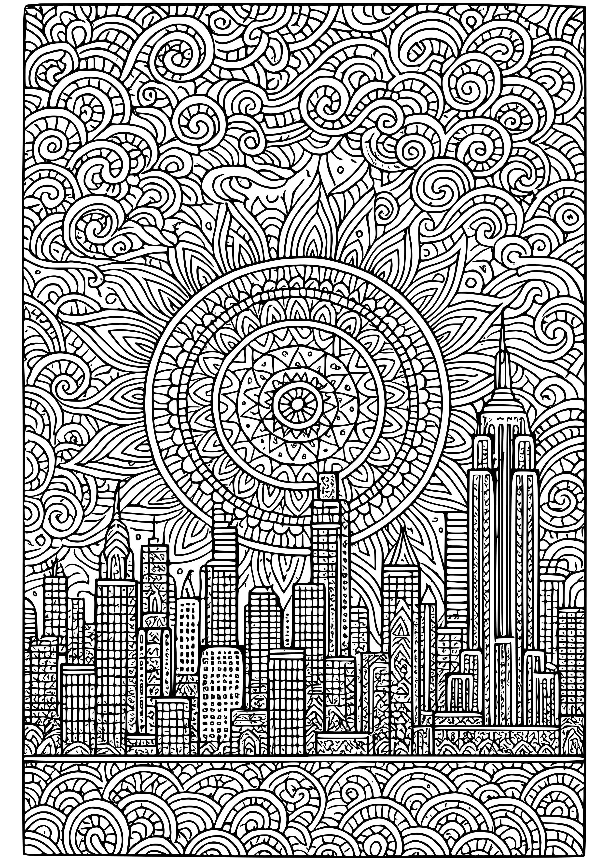 City Skyline with a Sunset Backdrop Coloring Page