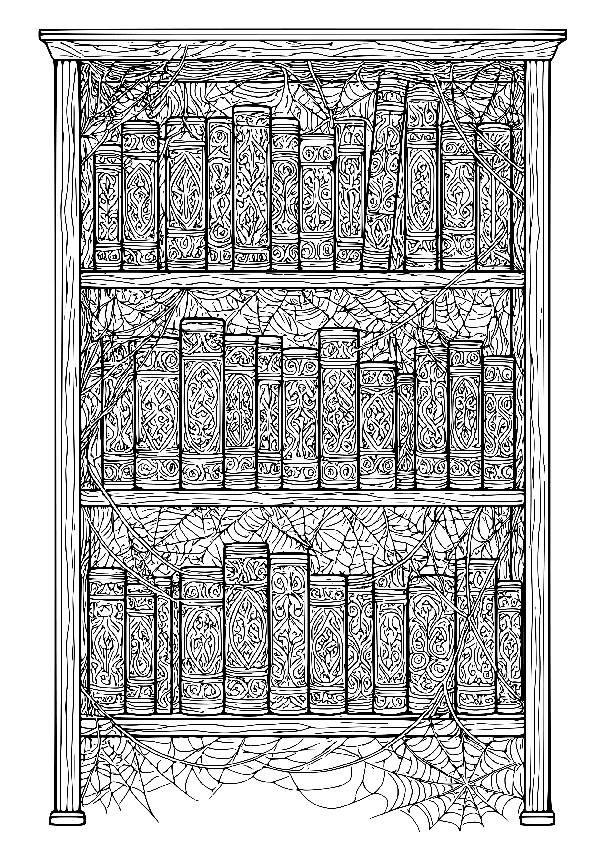 Cobweb-covered Bookshelf Filled with Ancient Tomes Coloring Page