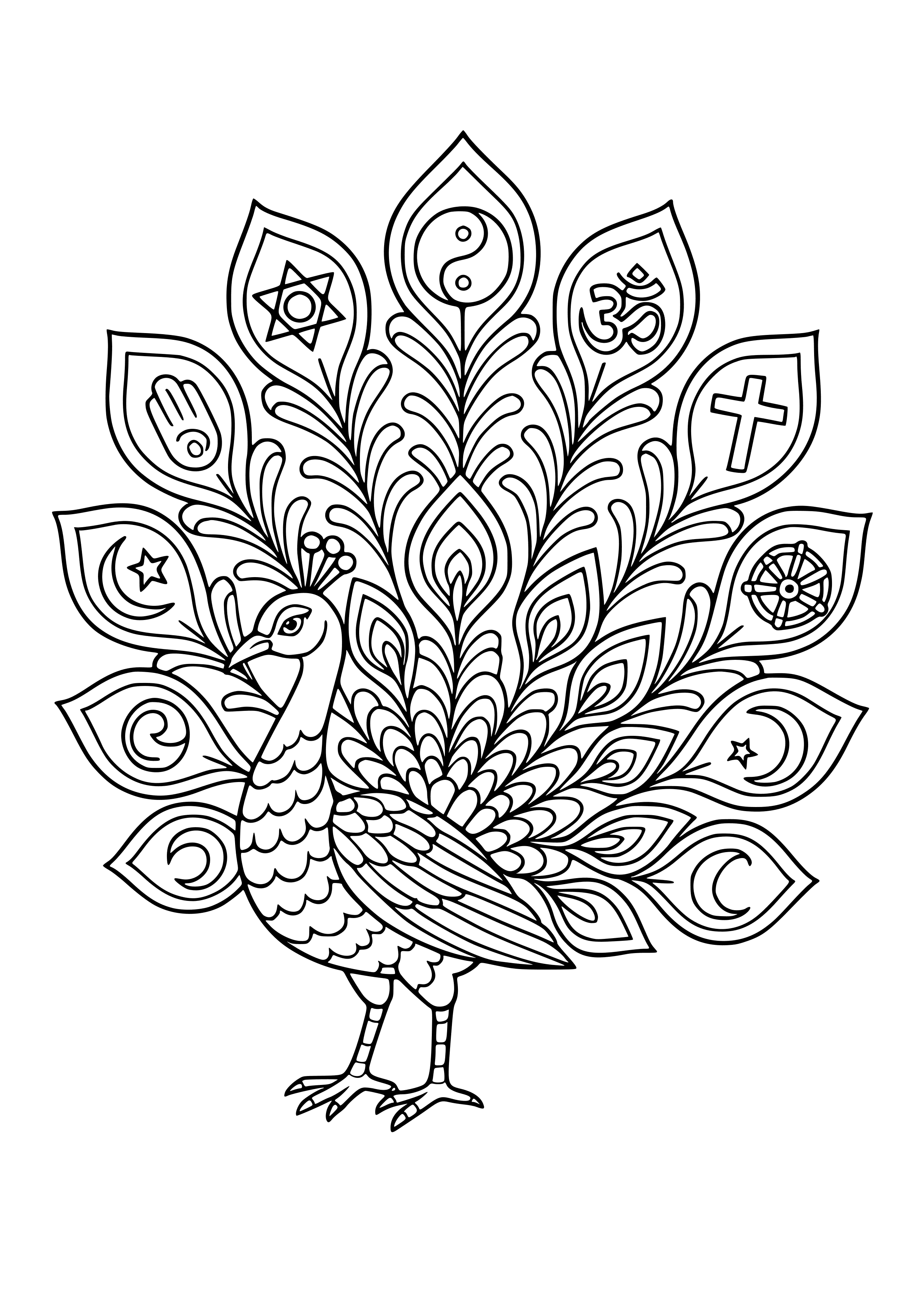 Colorful Peacock with Religious Symbols Coloring Page