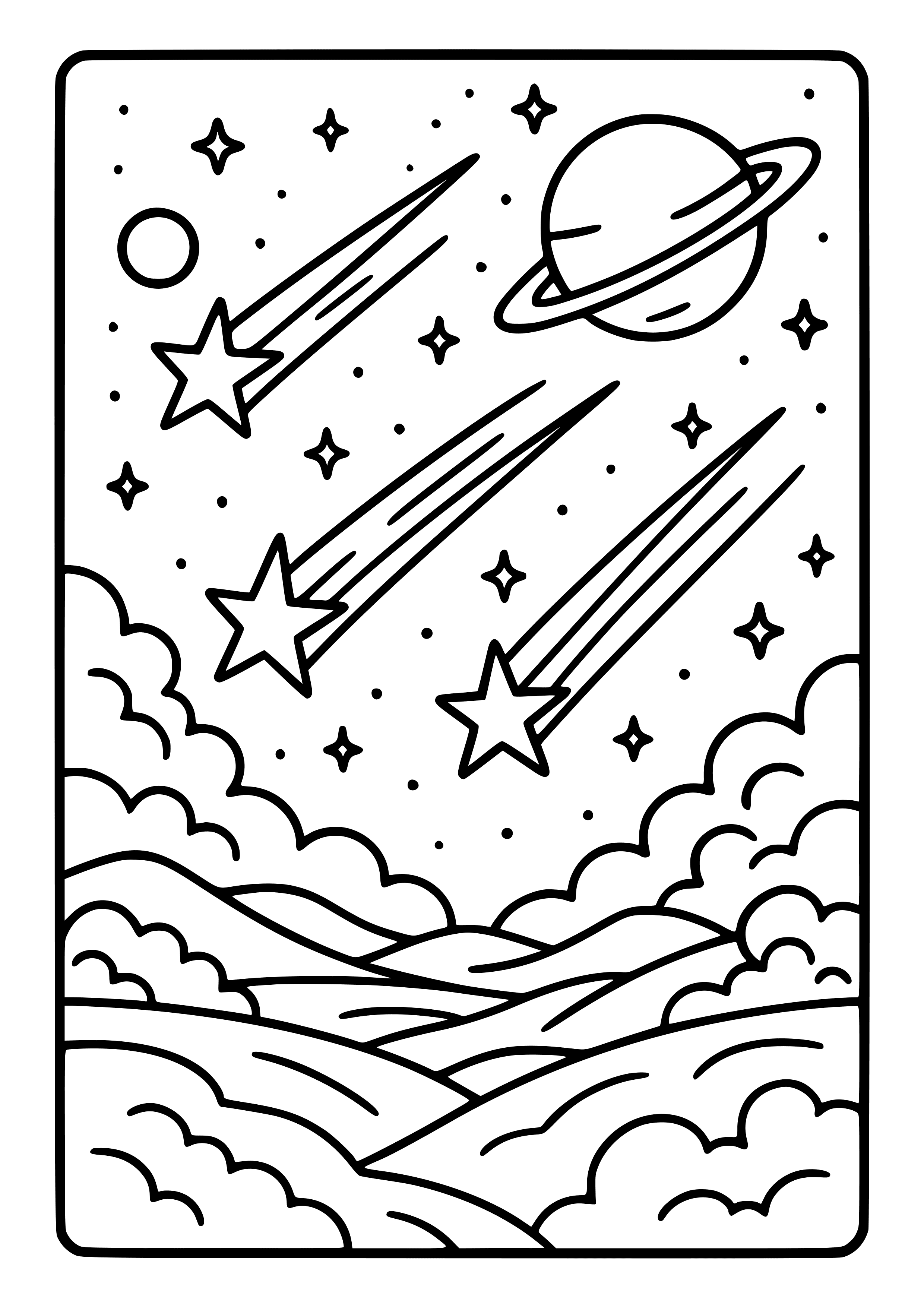 Cosmic Landscape with Shooting Stars Coloring Page