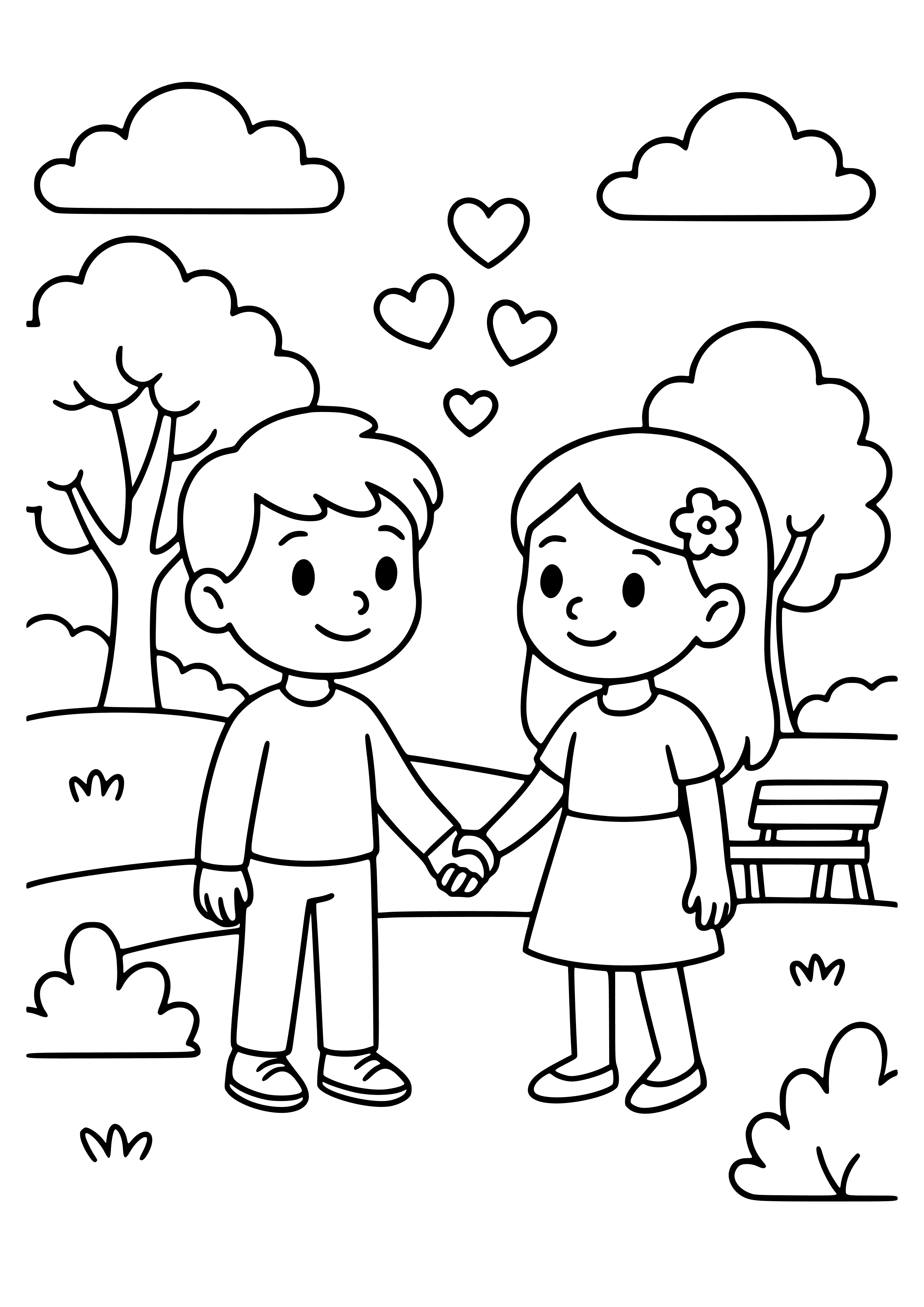 Couple Holding Hands in a Park Coloring Page