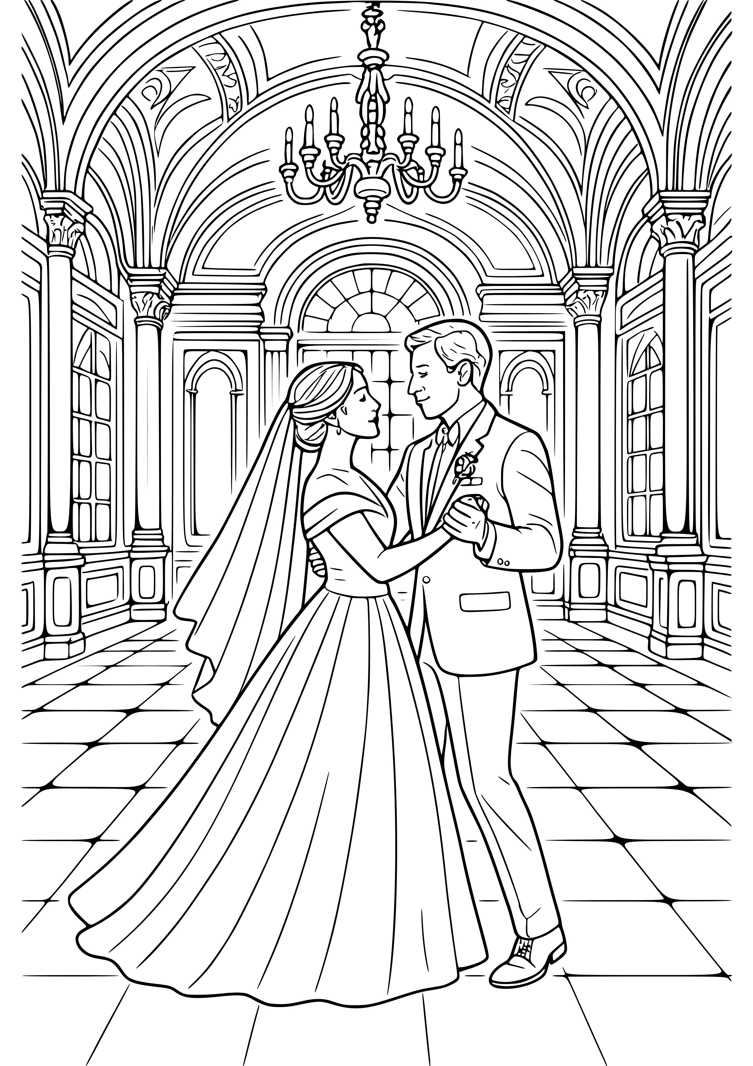 Couple's First Dance in a Grand Hall Coloring Page
