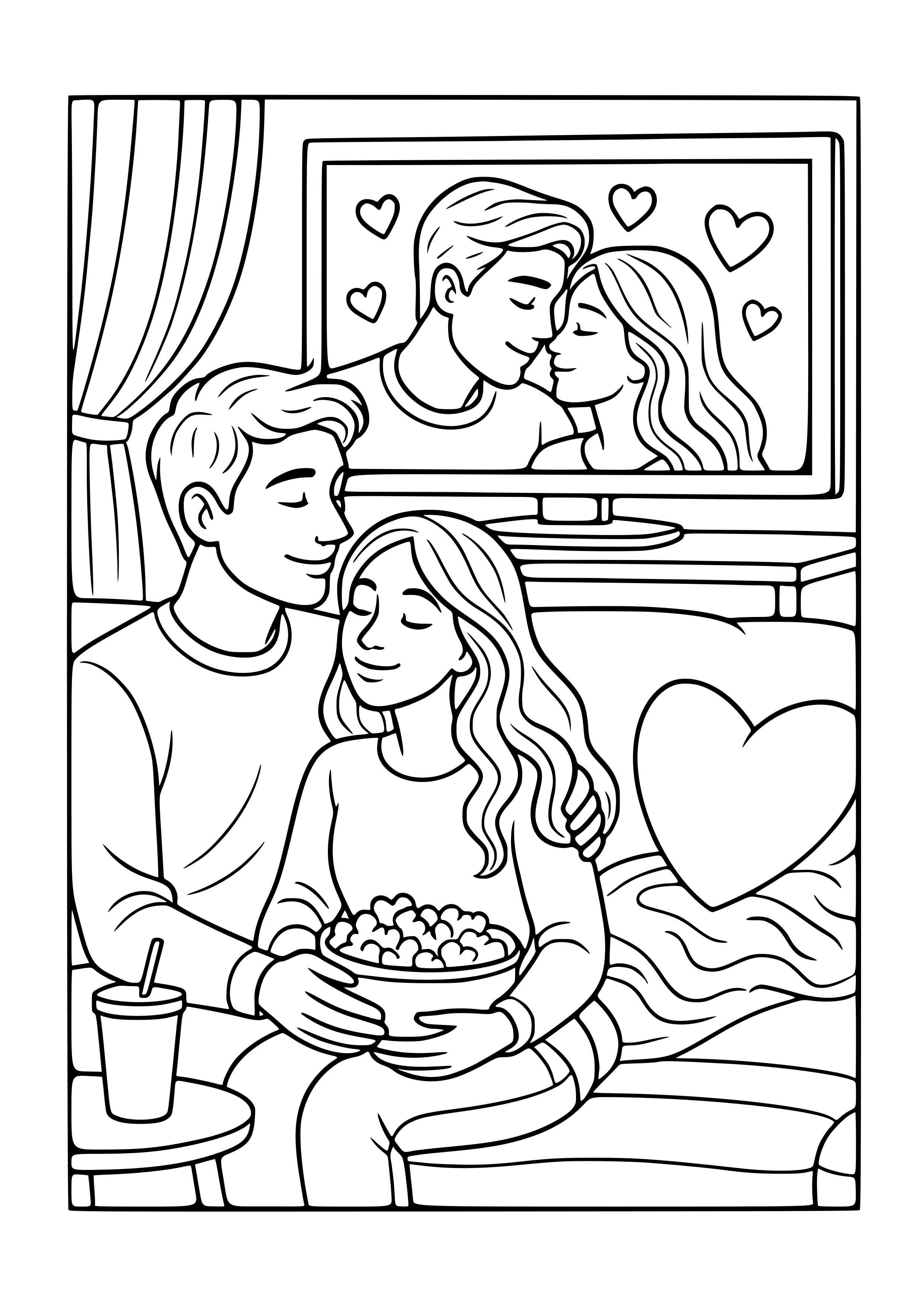 Couple Sharing a Romantic Movie Night Coloring Page