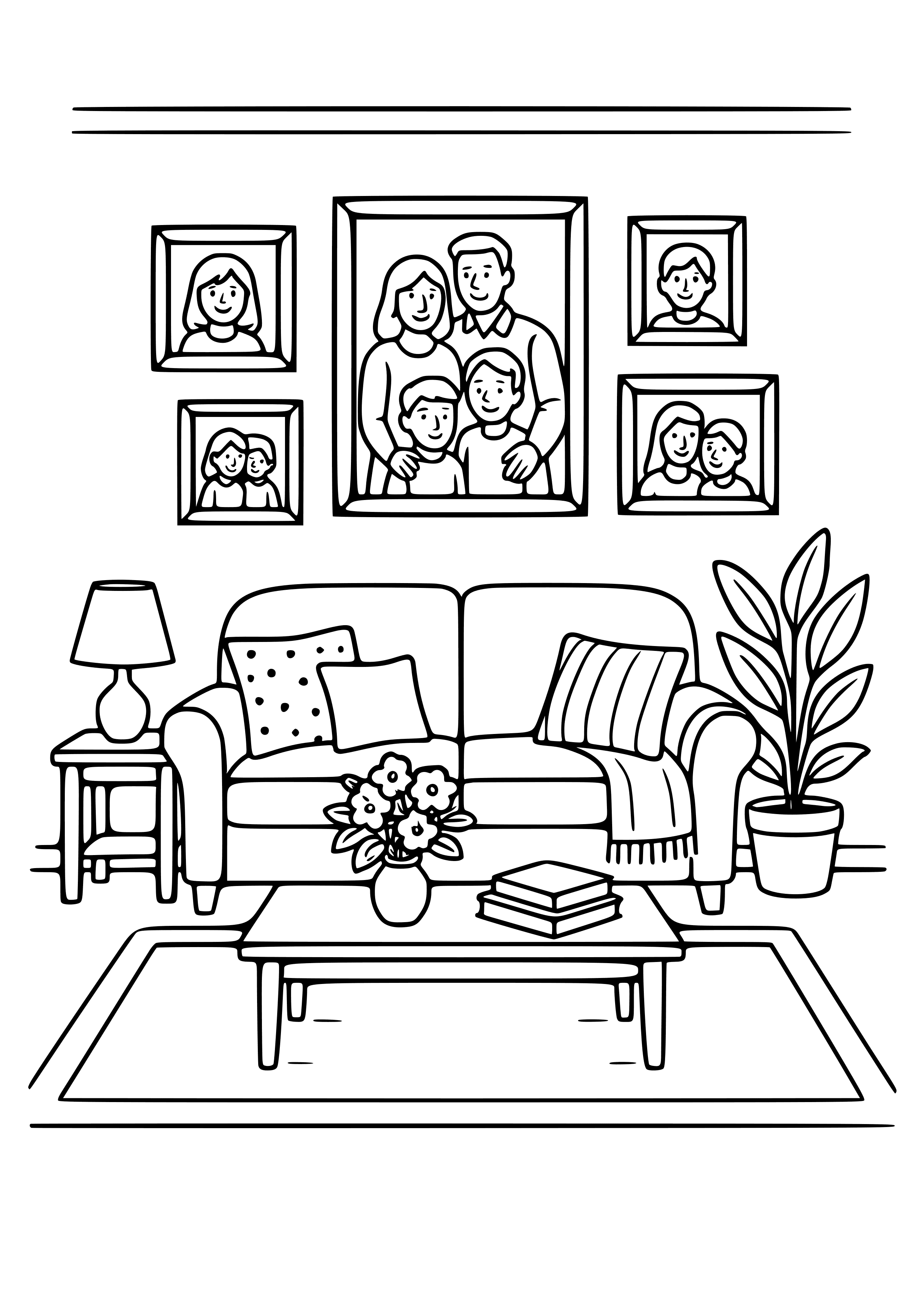 Cozy Living Room with Family Photo Wall Coloring Page