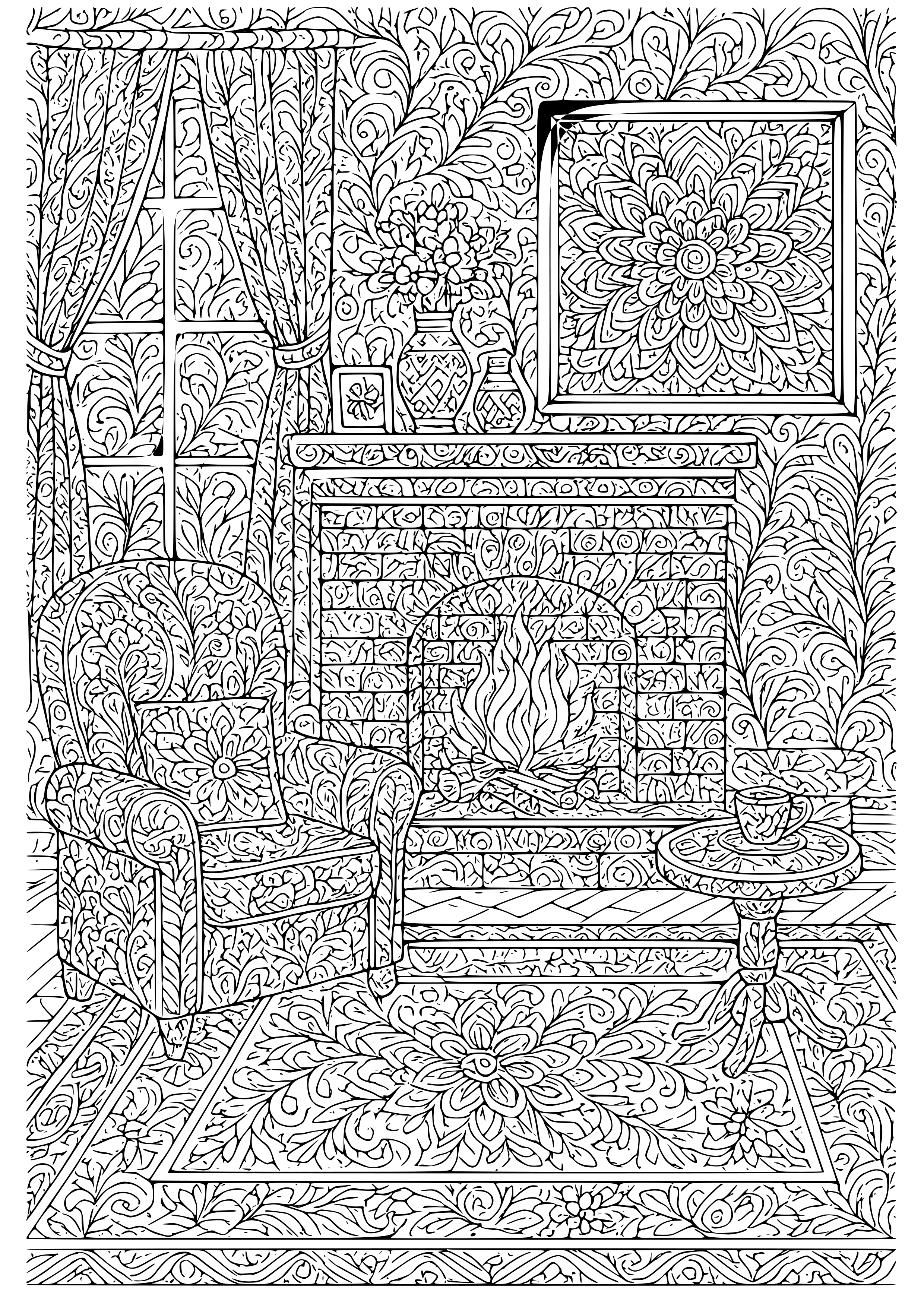 Cozy Room with a Fireplace Coloring Page