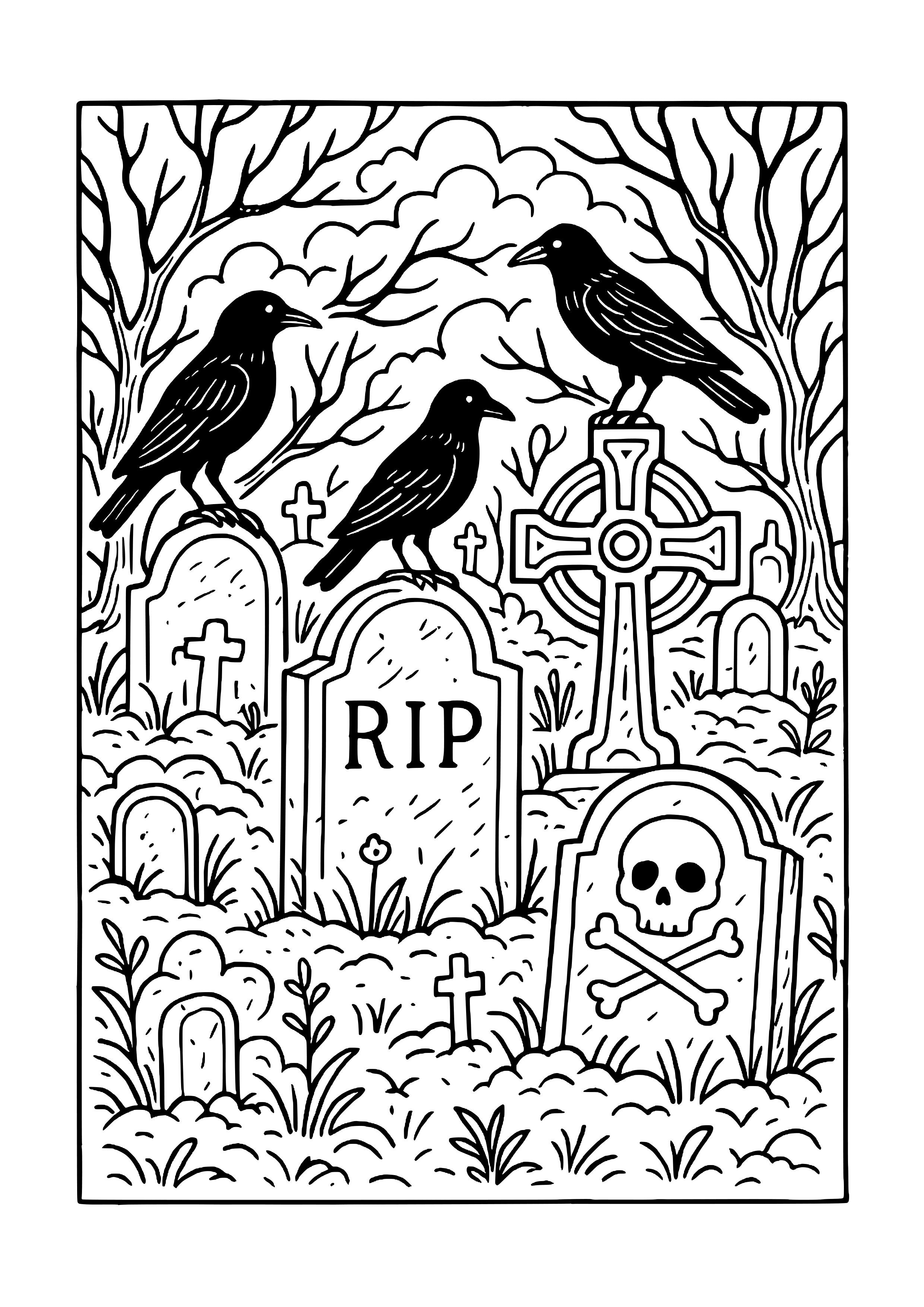 Creepy Cemetery with Tombstones and Crows Coloring Page
