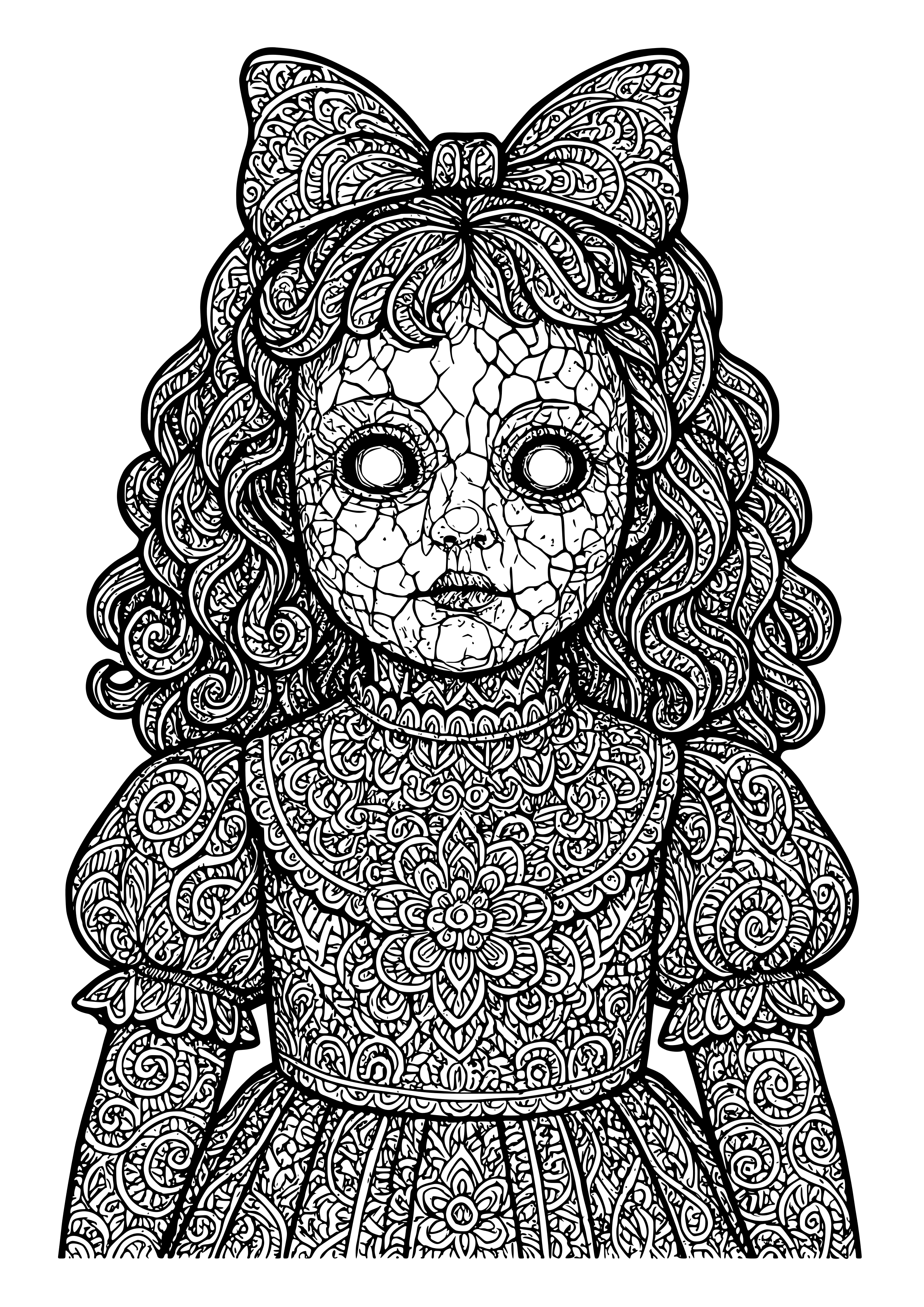 Creepy Doll with Cracked Porcelain Features Coloring Page