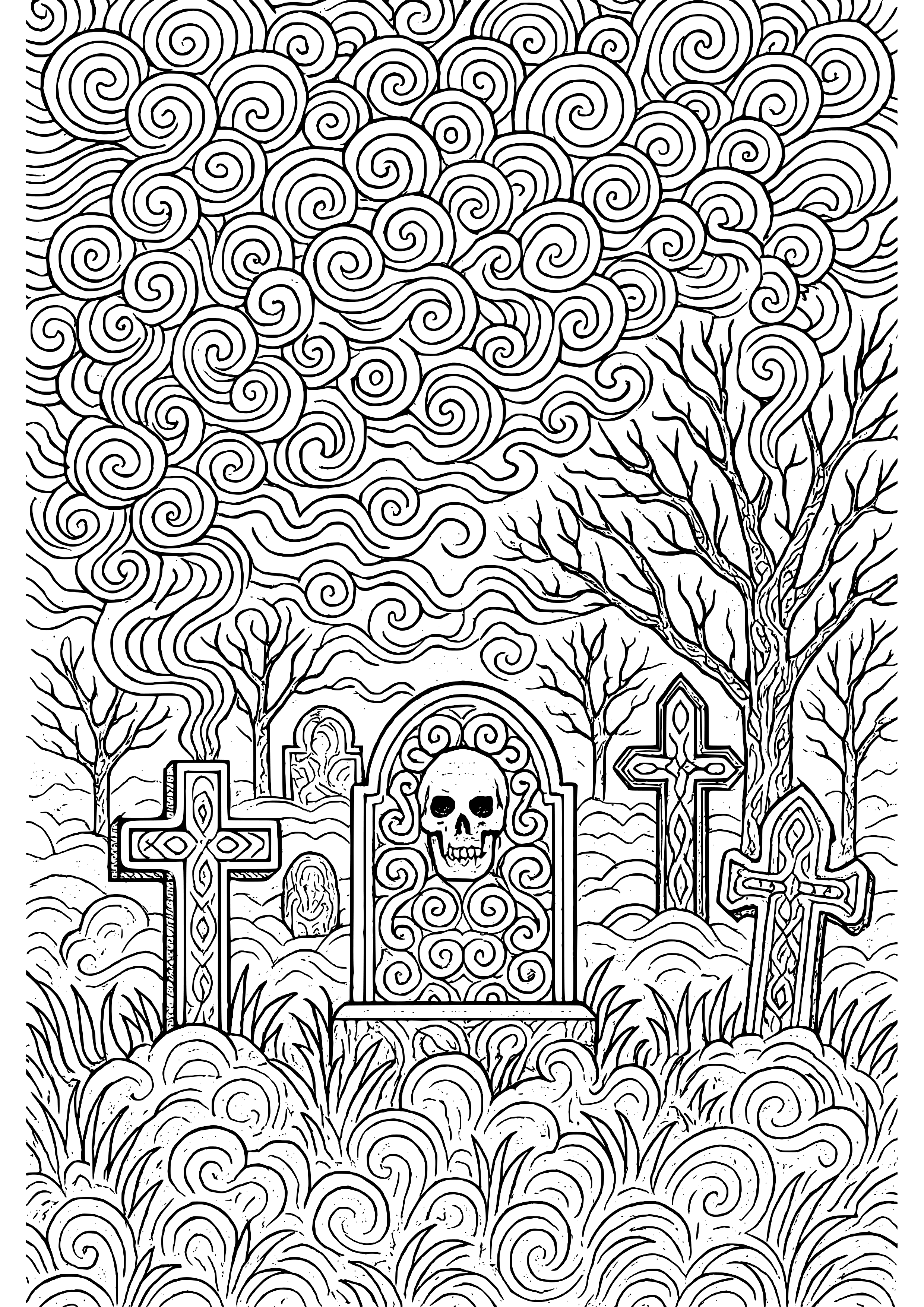 Creepy Fog Rolling Over a Graveyard Coloring Page