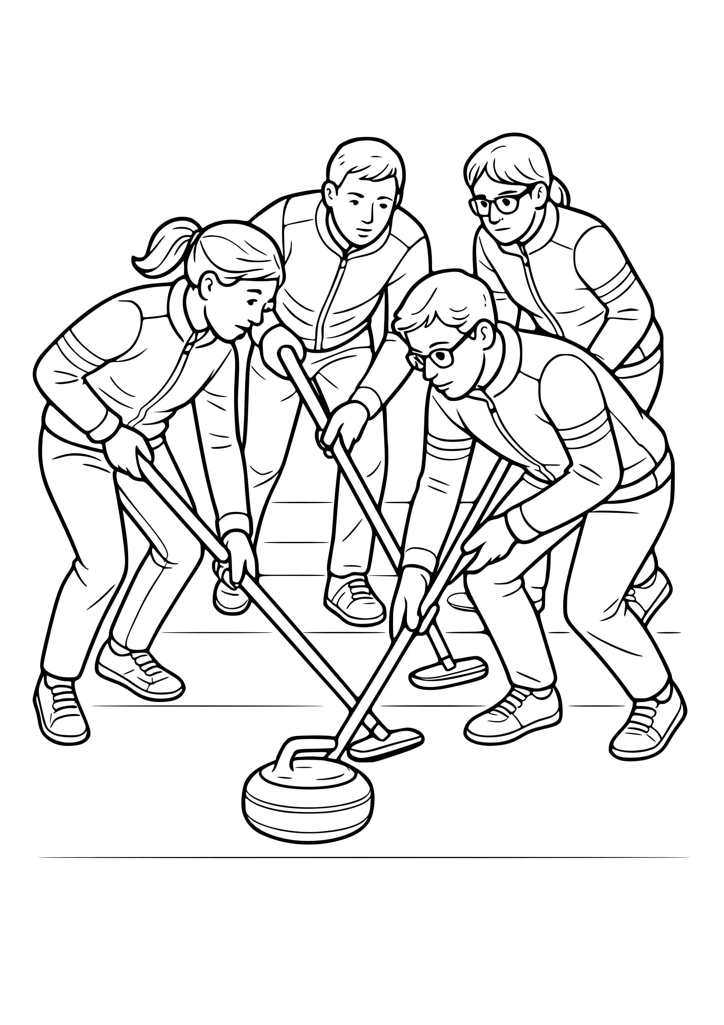 Curling Team Sweeping the Ice Coloring Page