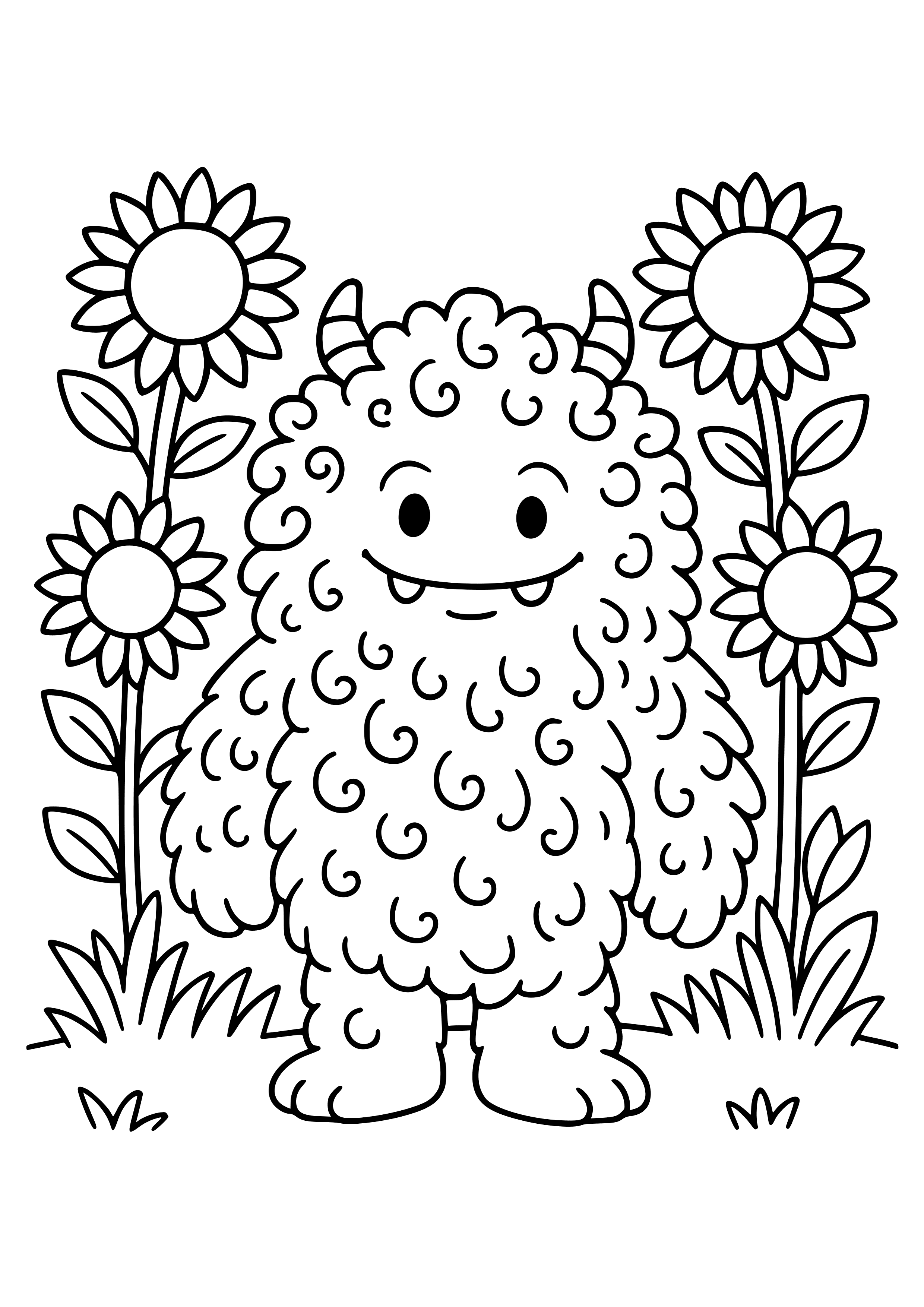 Curly Pink Monster in a Sunflower Field Coloring Page