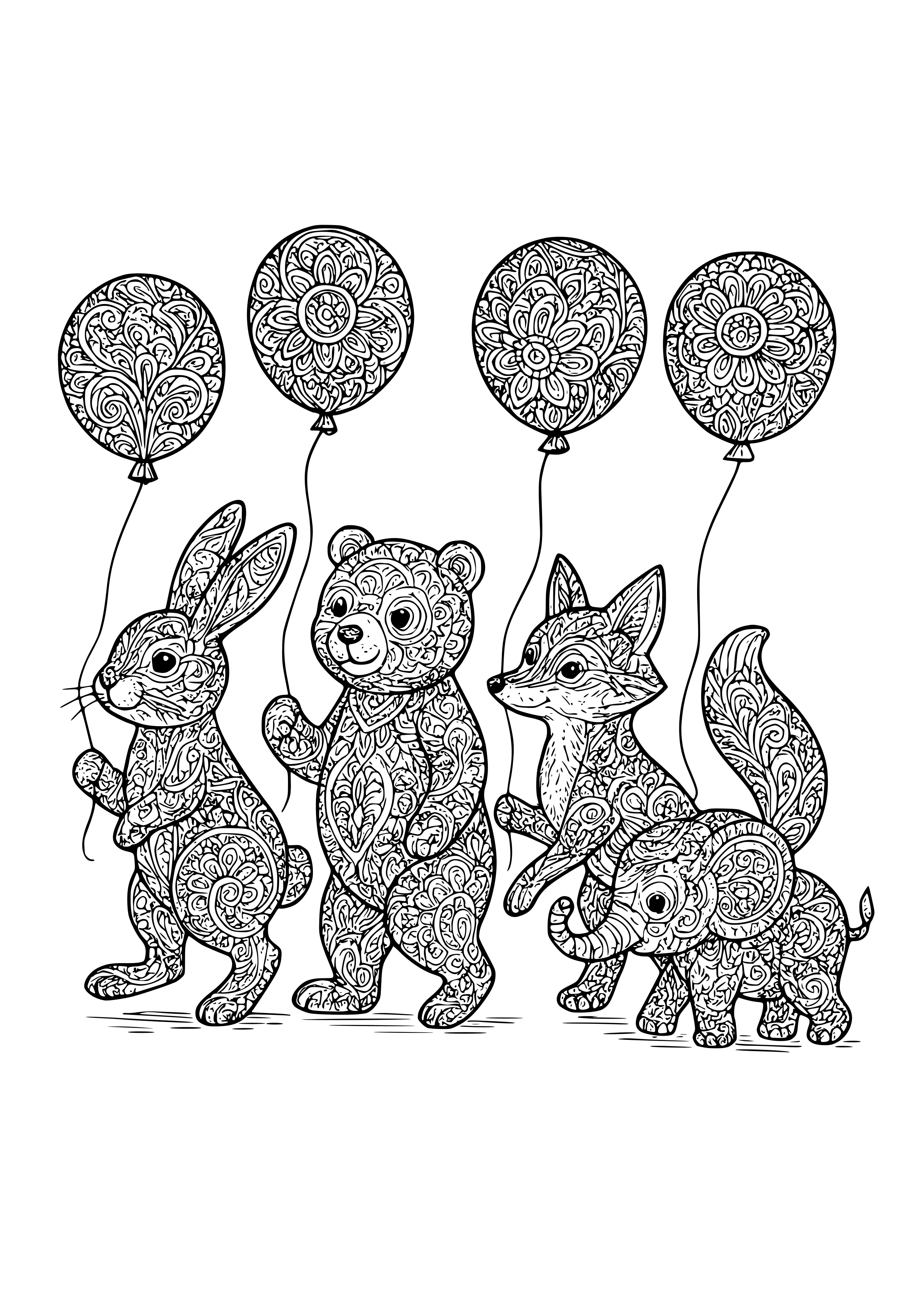Cute Animal Parade with Balloons Coloring Page