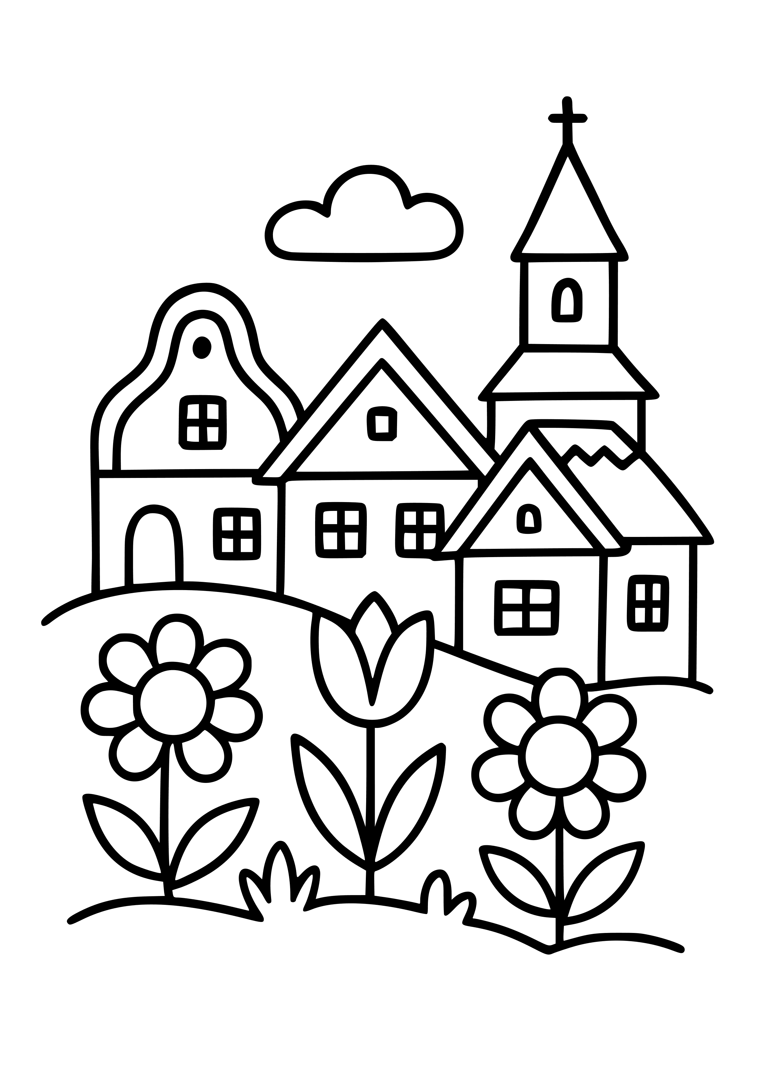 Czech Village with Folk Architecture and Flowers Coloring Page