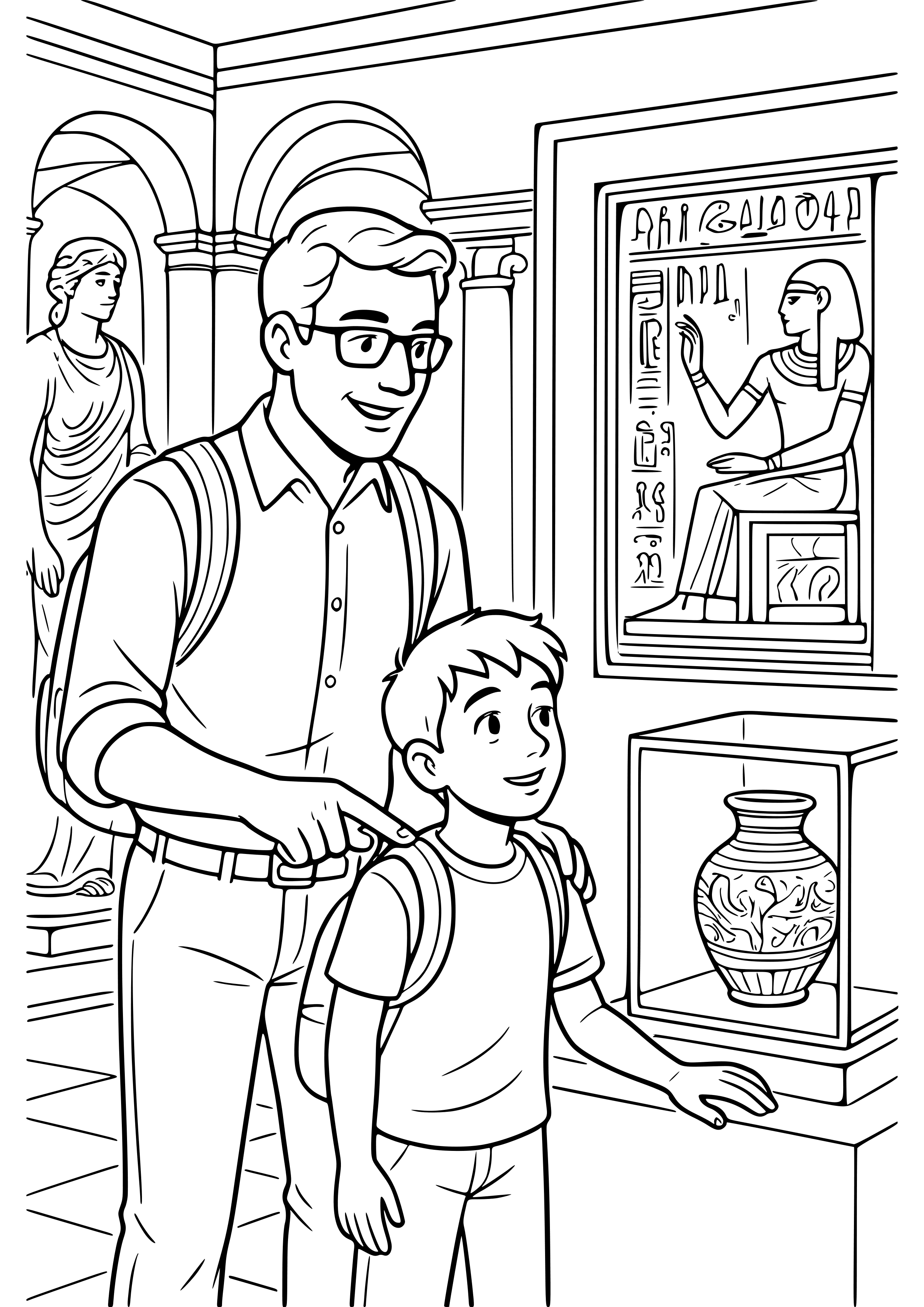 Dad and Child Exploring a Museum Coloring Page