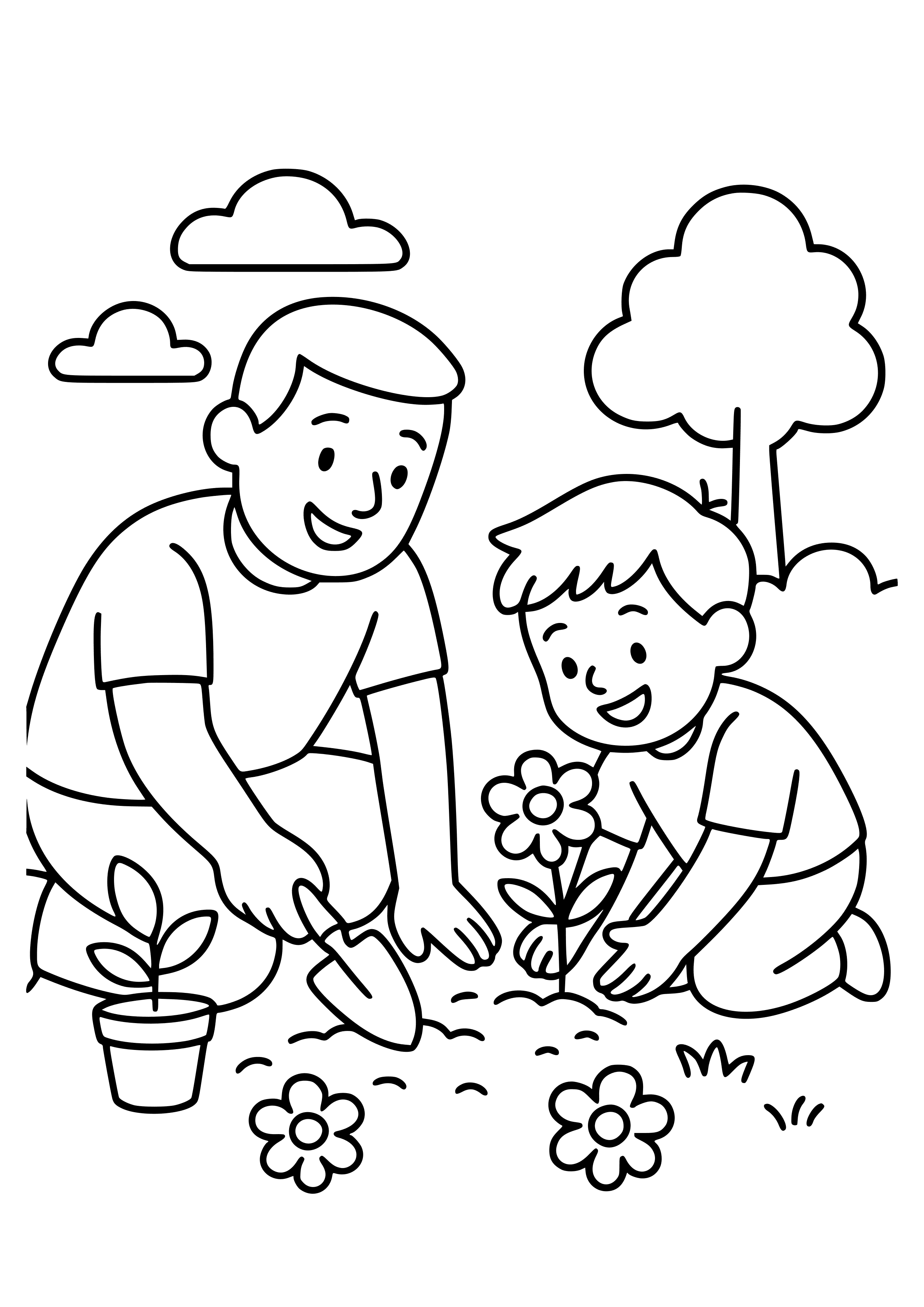 Dad and Child Planting Flowers Coloring Page