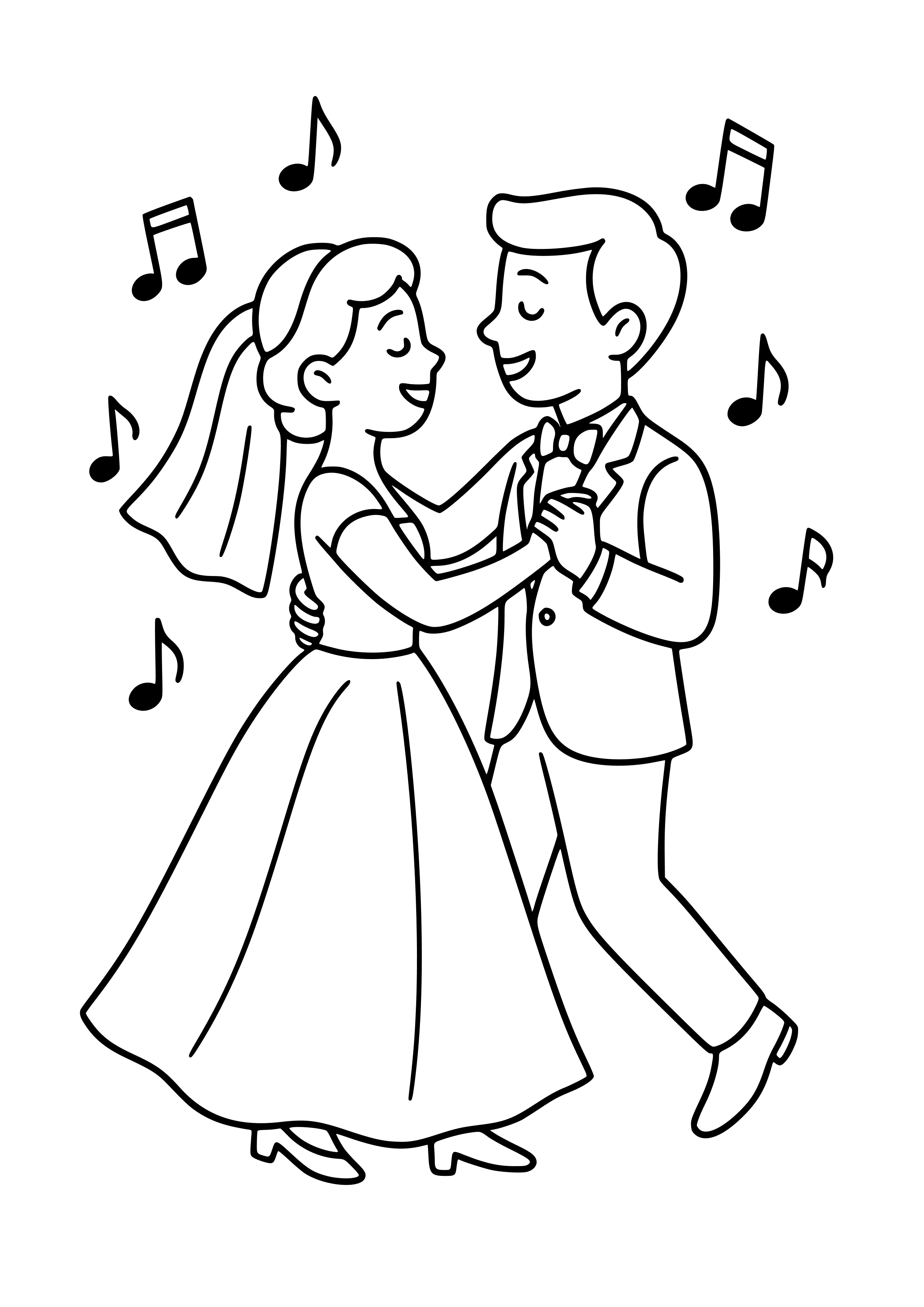 Dancing Couple with Music Notes Around Coloring Page