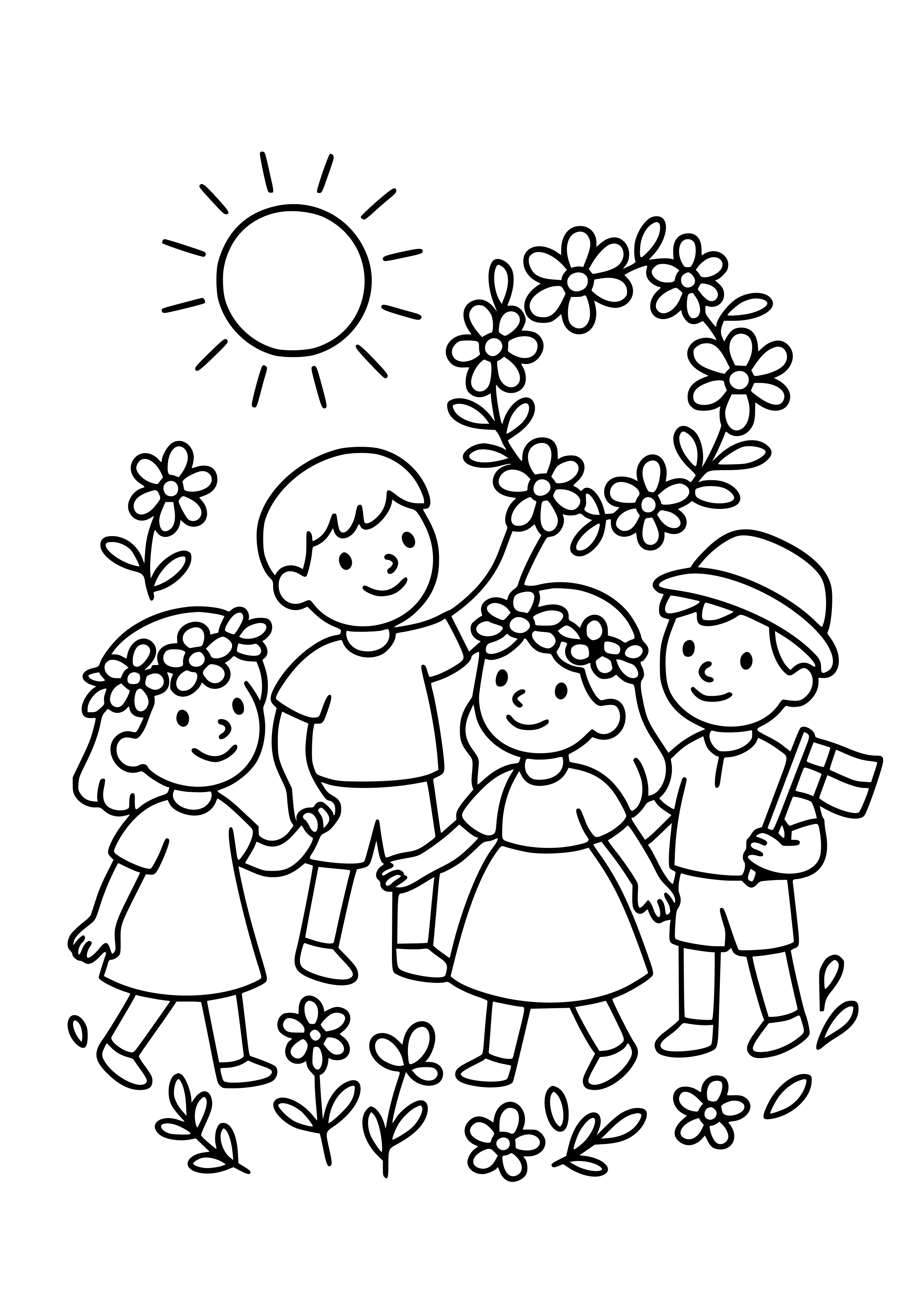 Danish Children Celebrating Midsummer with Flowers Coloring Page